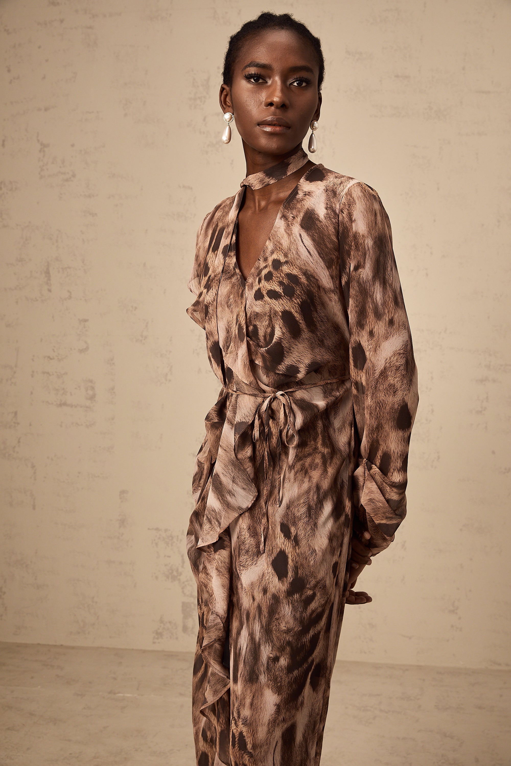 Sidonie brown ruffled leopard-print midi dress
