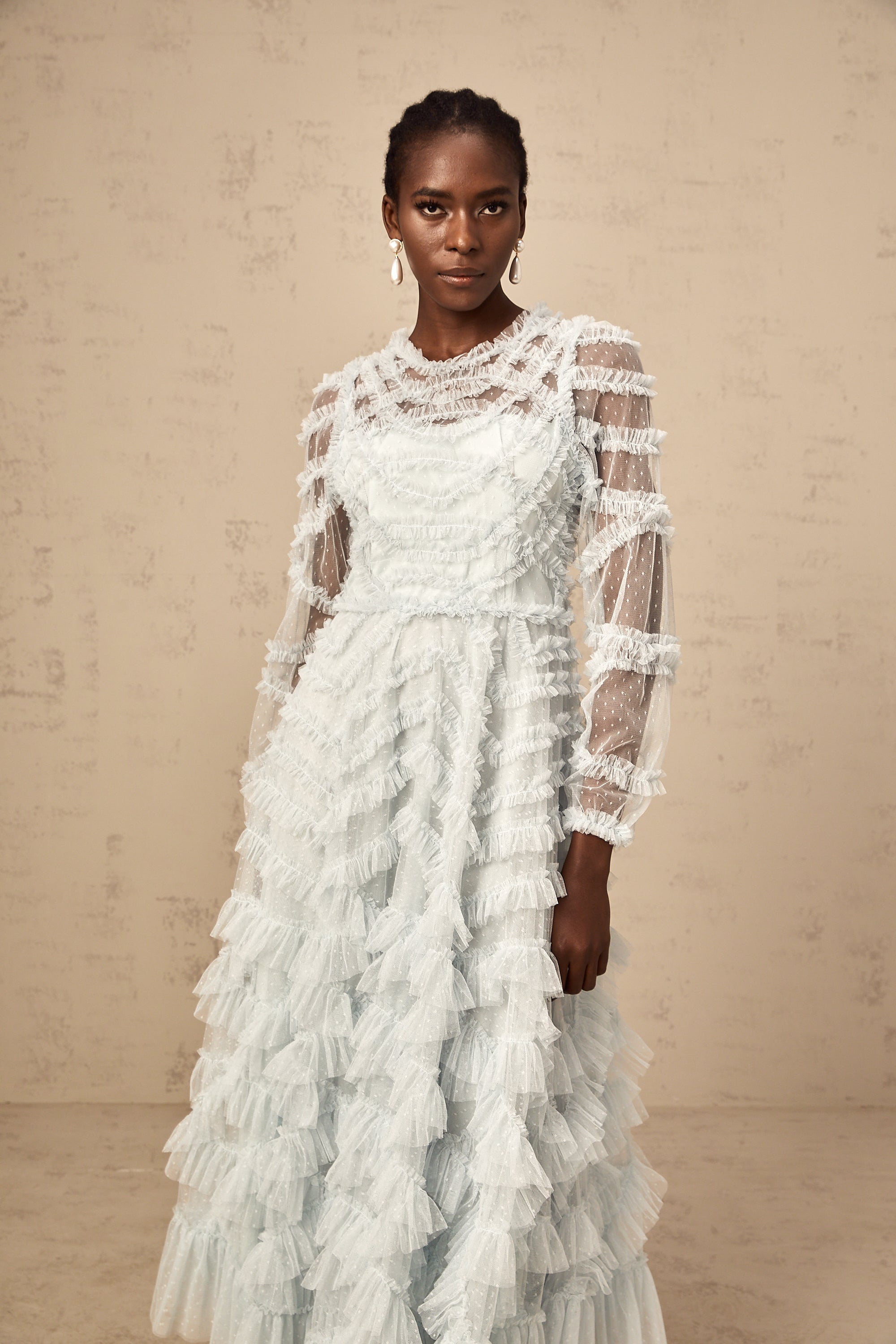 Adélaïde blue dot-detail ruffled midi dress