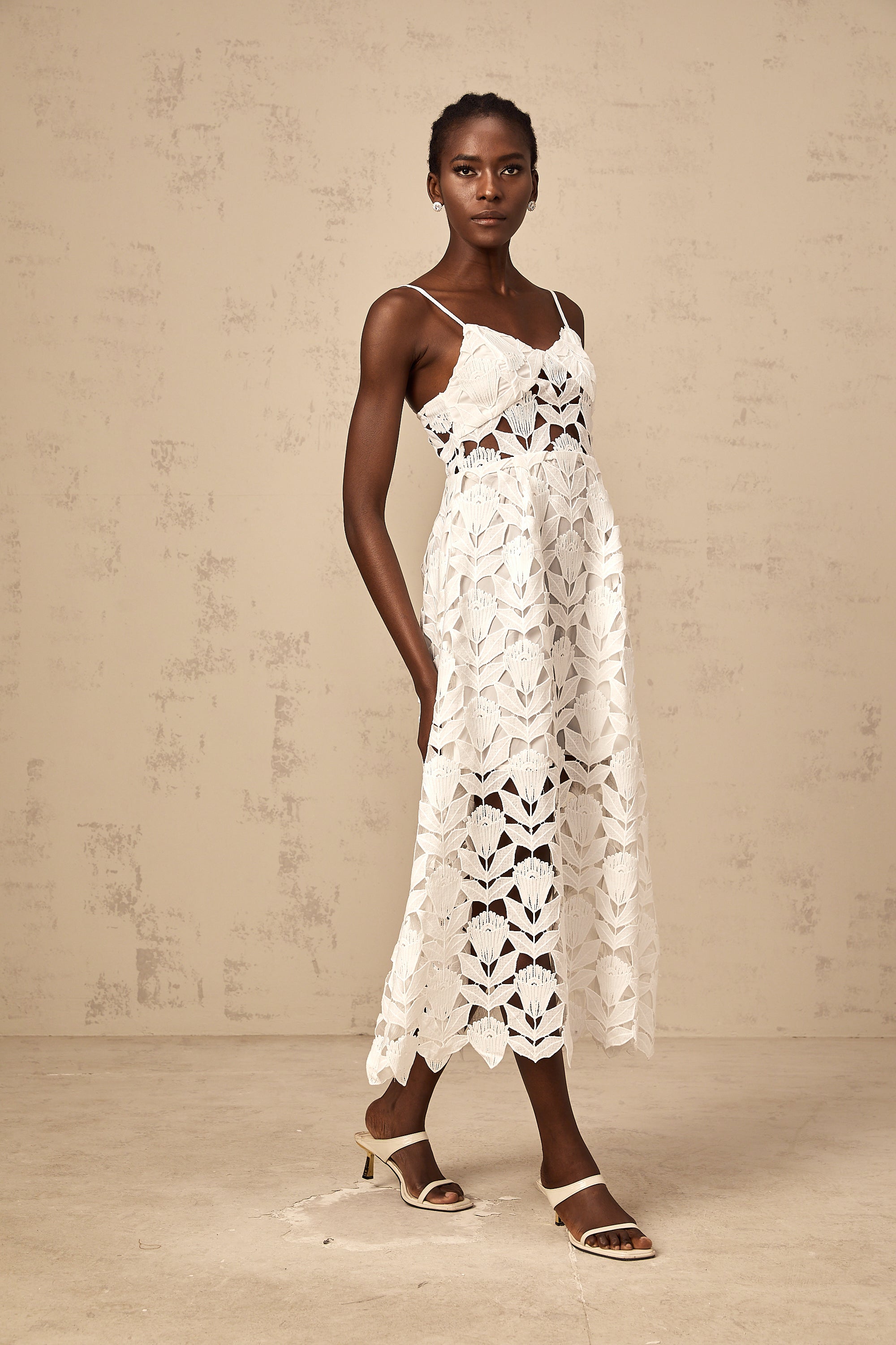 Delphine white cut-out lace midi dress