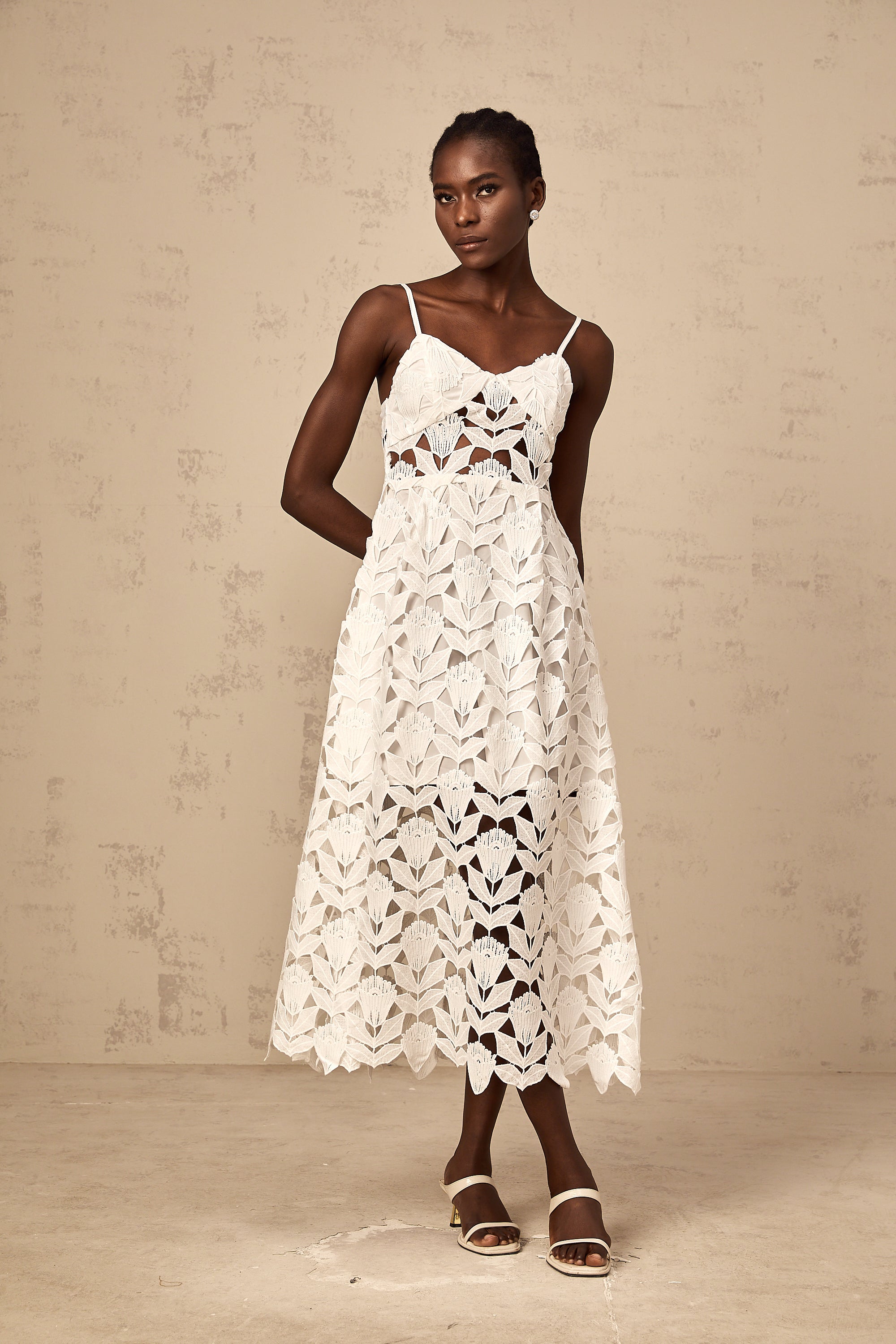 Delphine white cut-out lace midi dress