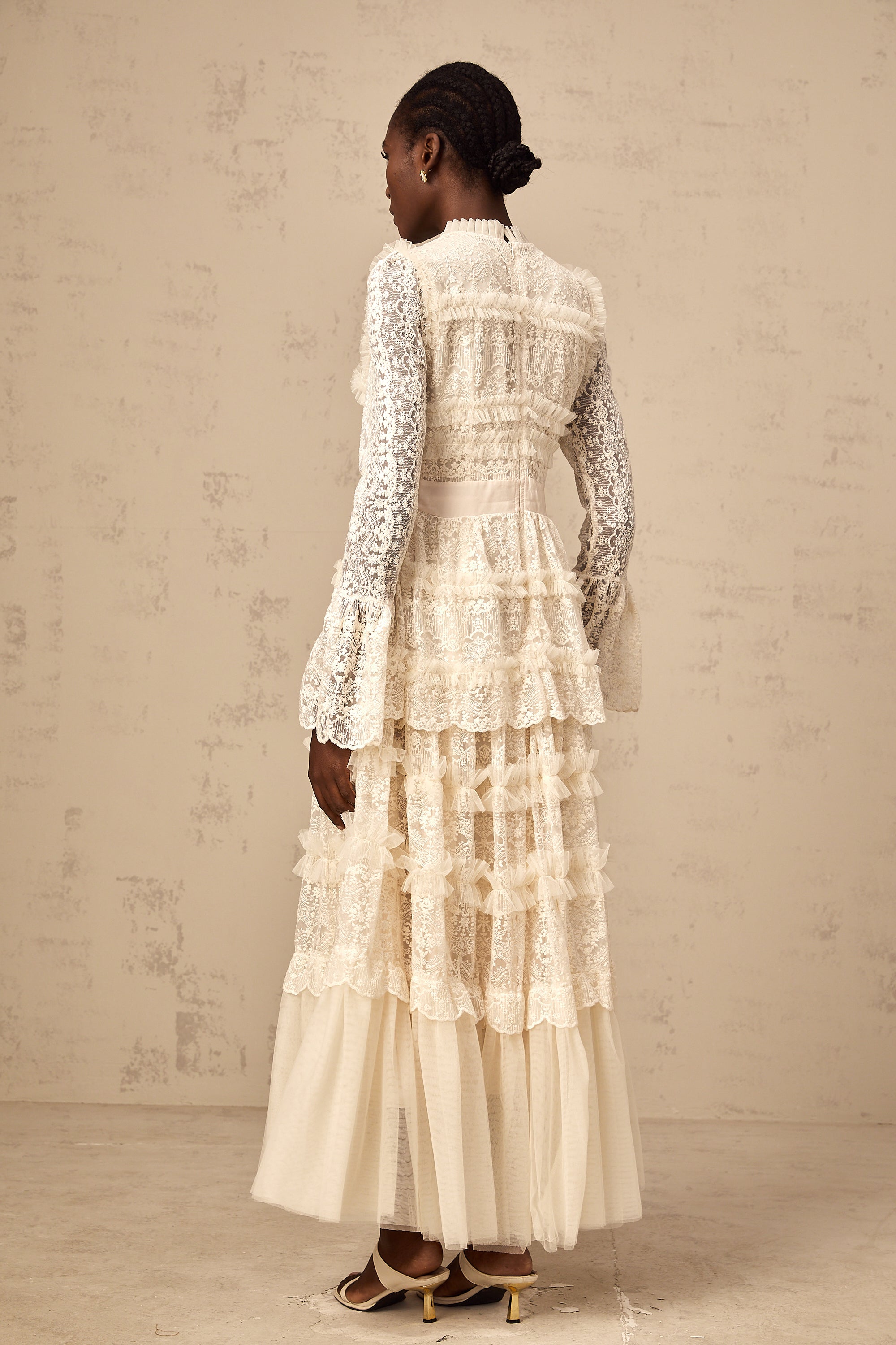 Agnès neutrals lace-panel ruffled tulle maxi dress