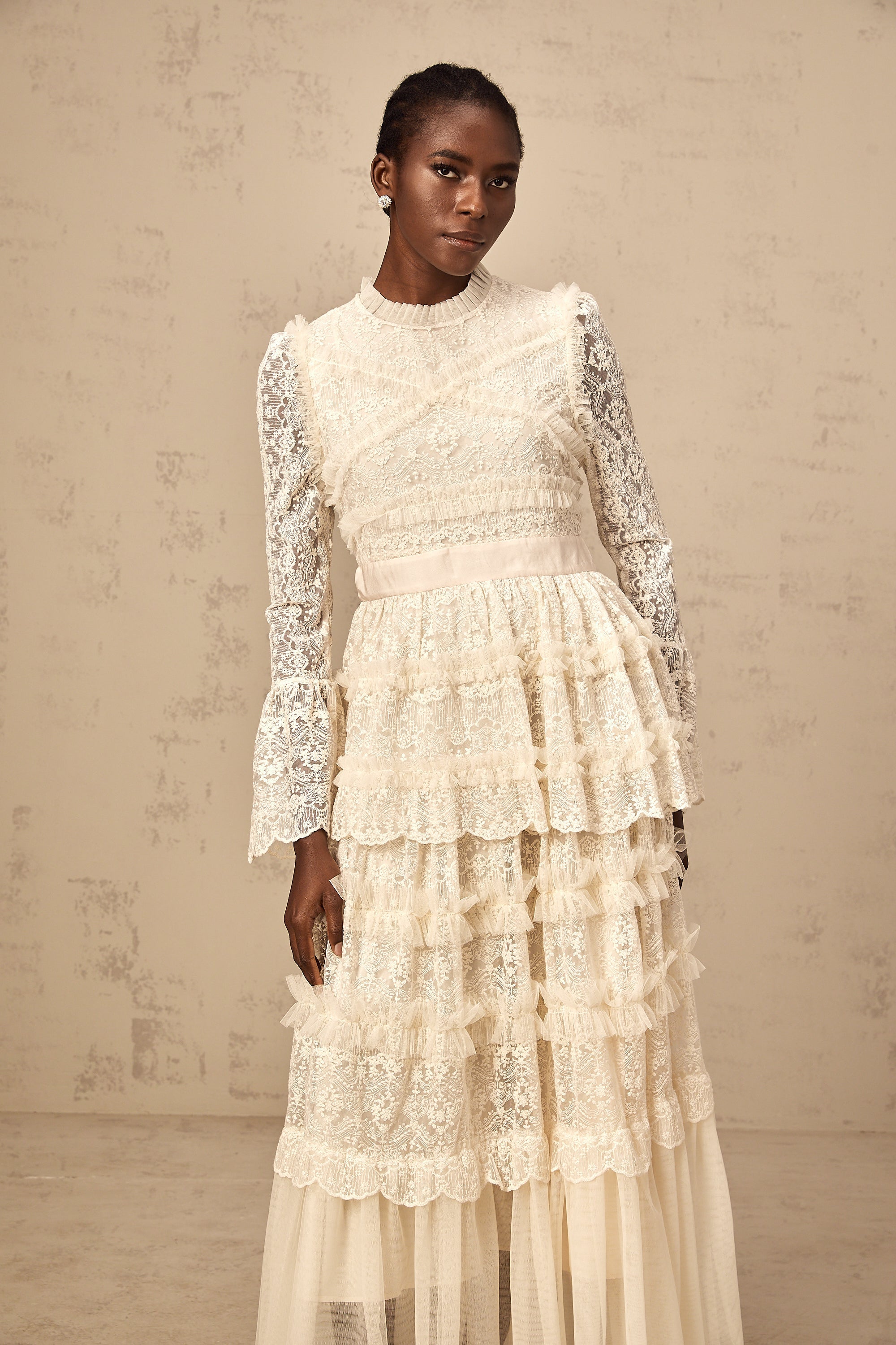 Agnès neutrals lace-panel ruffled tulle maxi dress