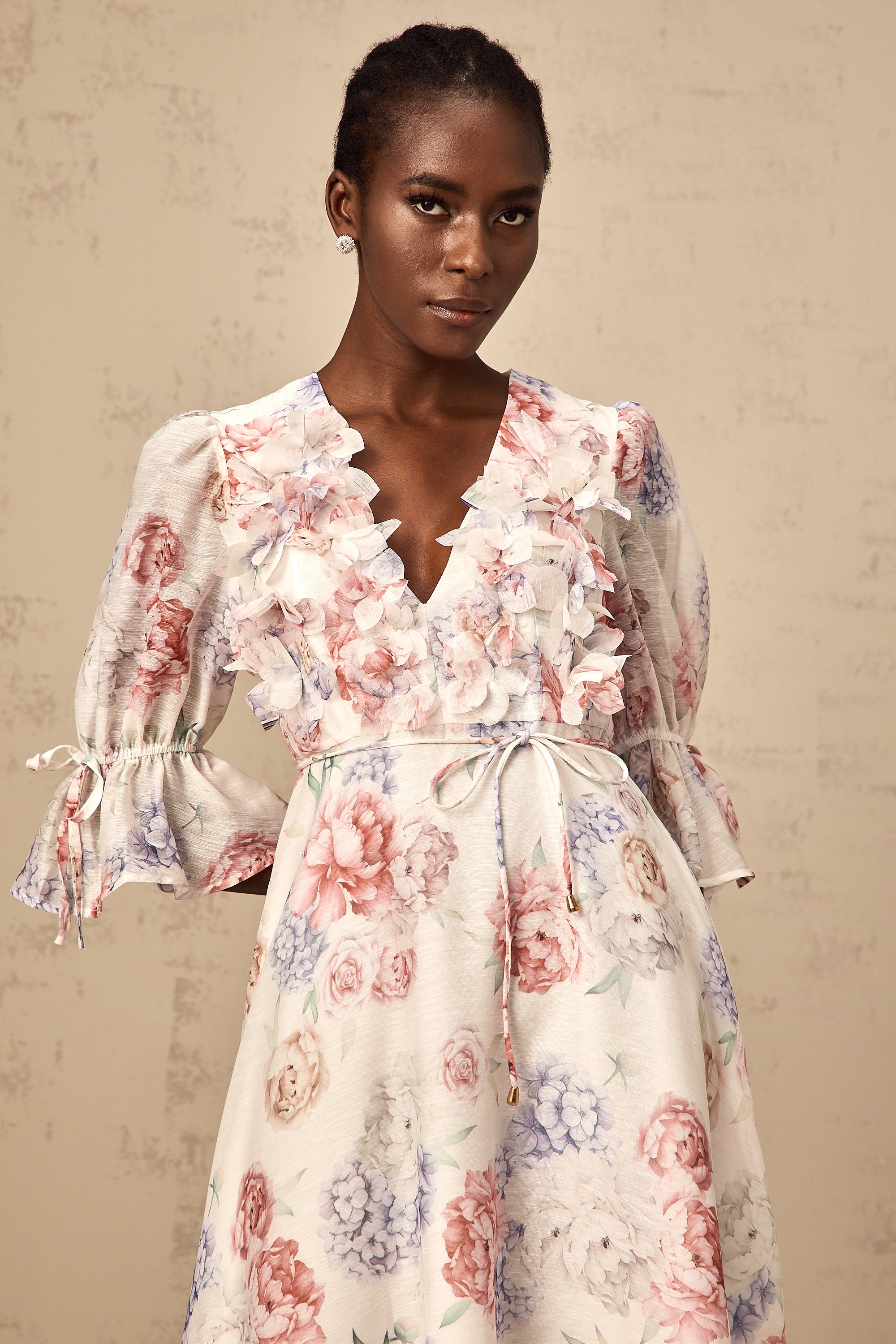 Téa 3d-petal floral-print midi dress