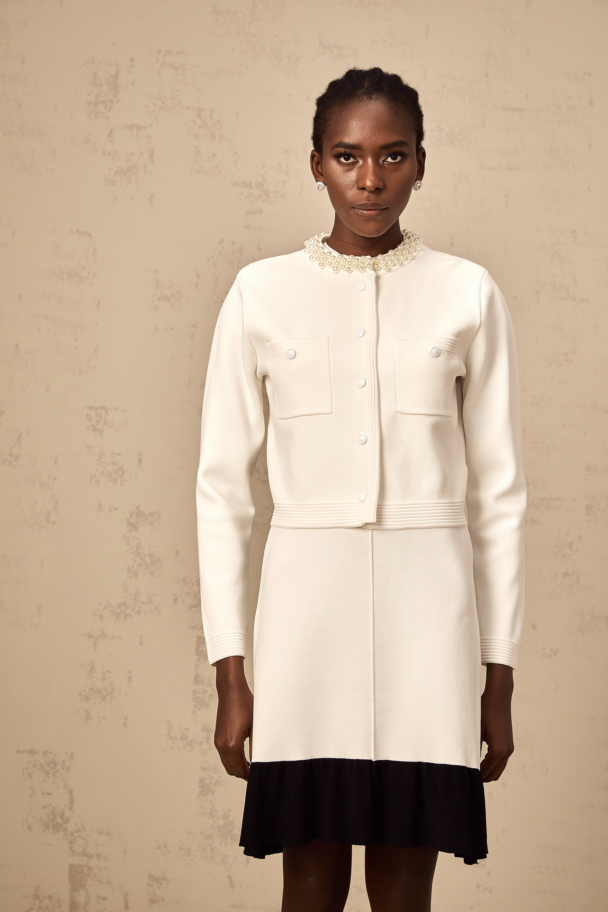 Coralie white faux-pearl knitted cardigan
