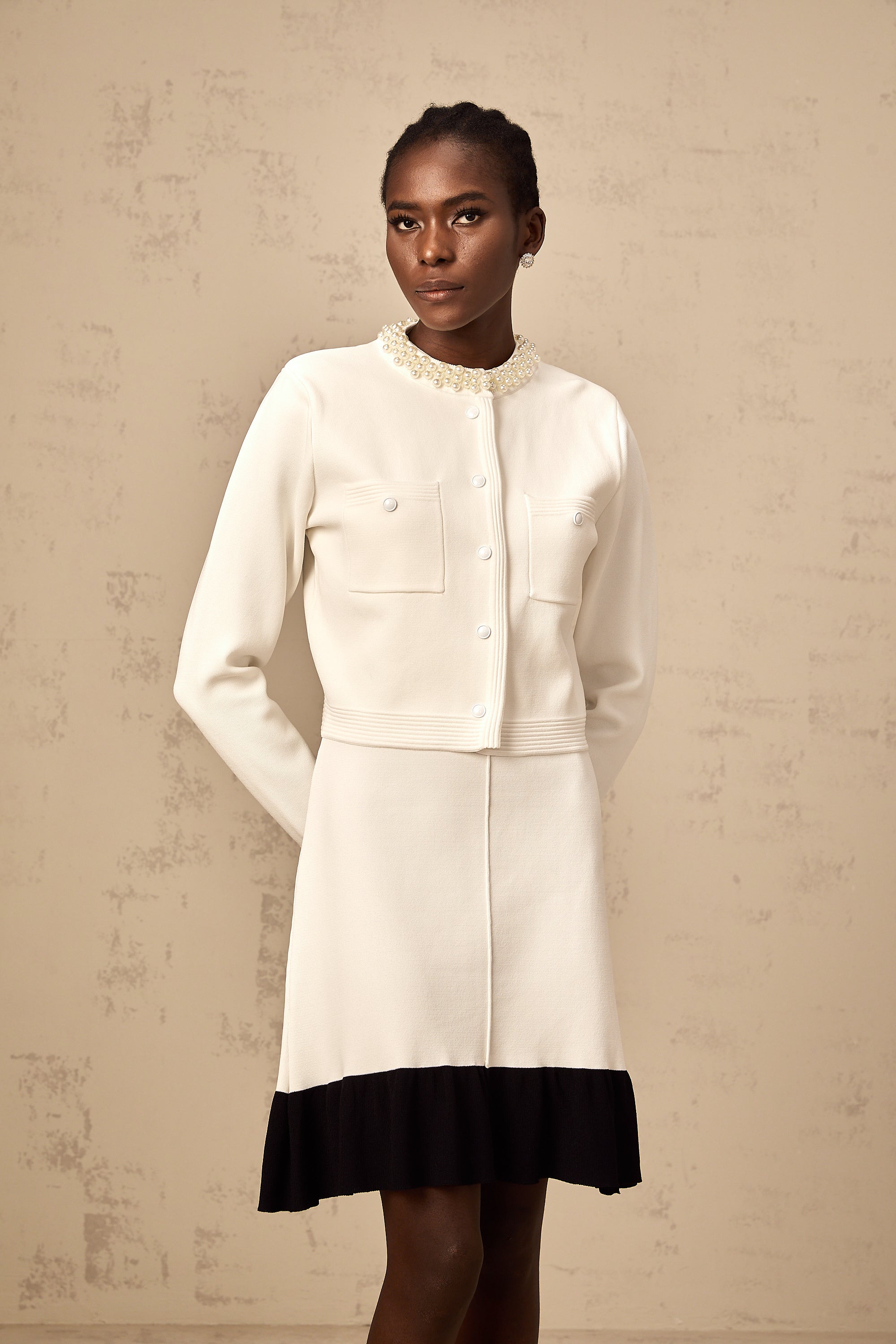 Coralie white faux-pearl knitted cardigan