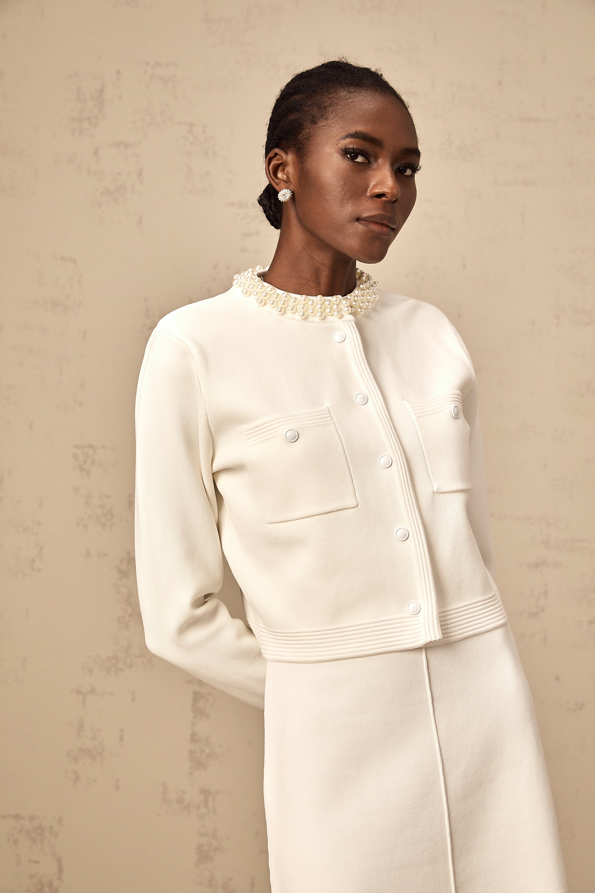 Coralie white faux-pearl knitted cardigan