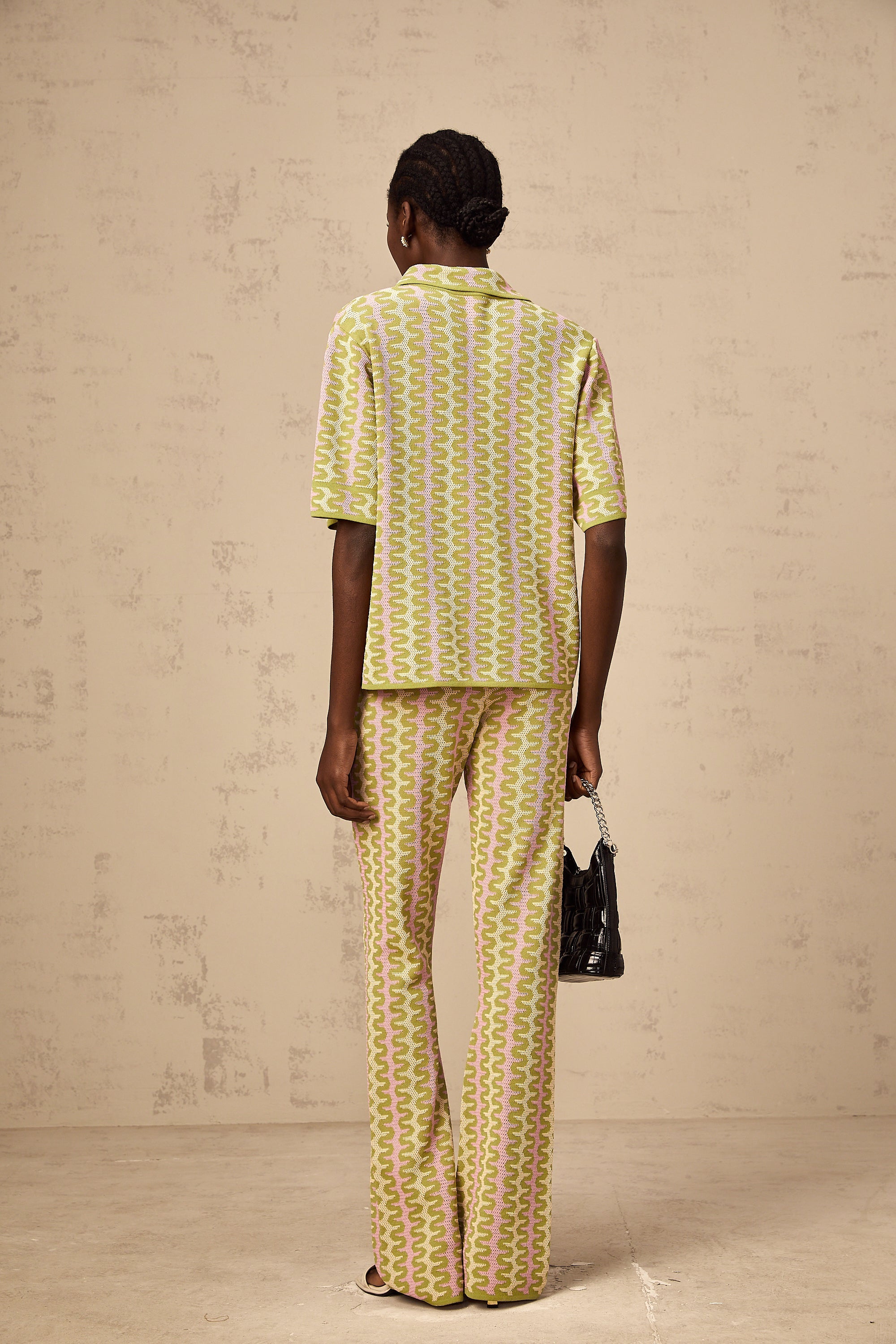 Ophélie green color-block knitted shirt & trousers matching set