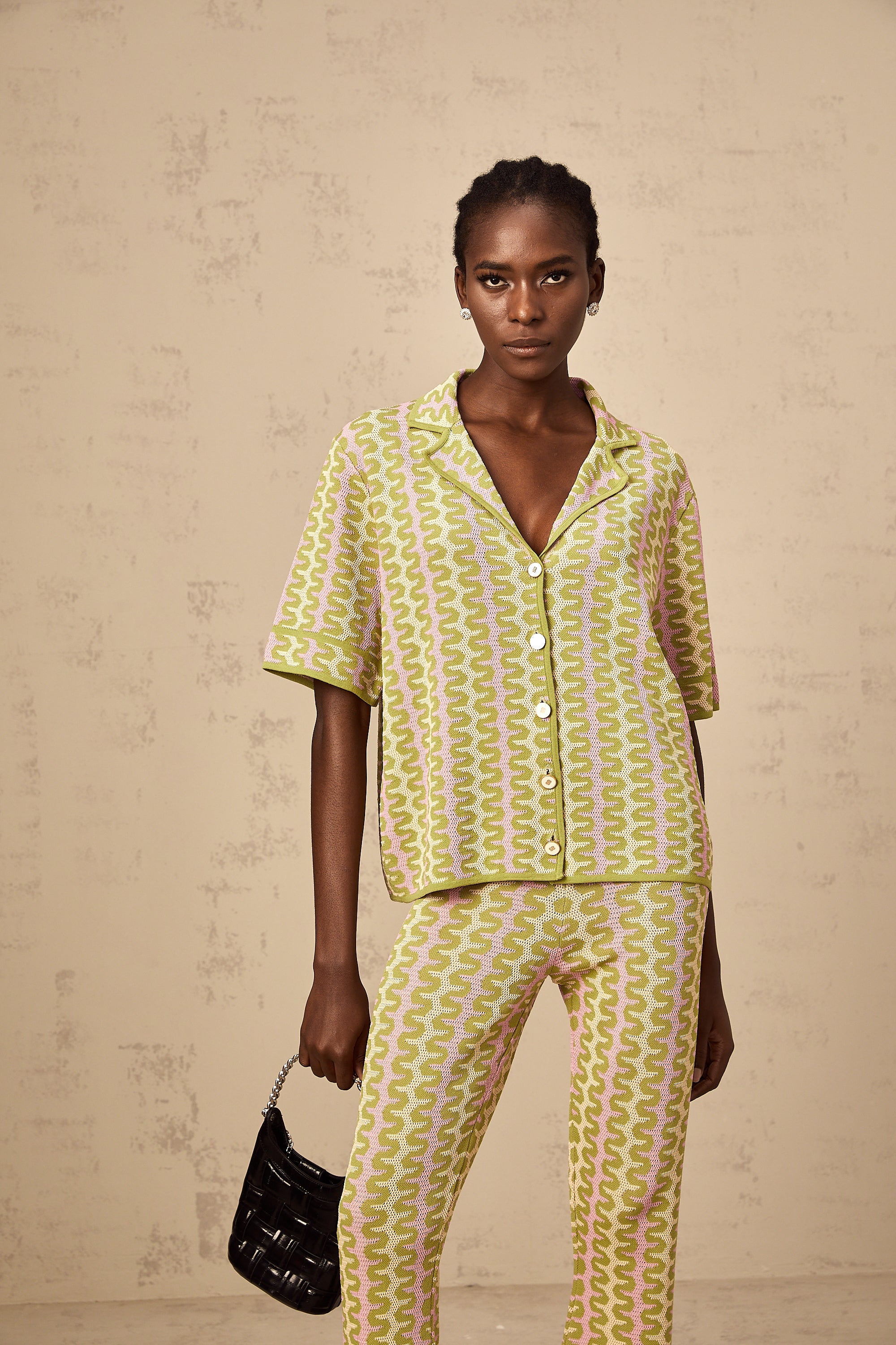 Ophélie green color-block knitted shirt & trousers matching set