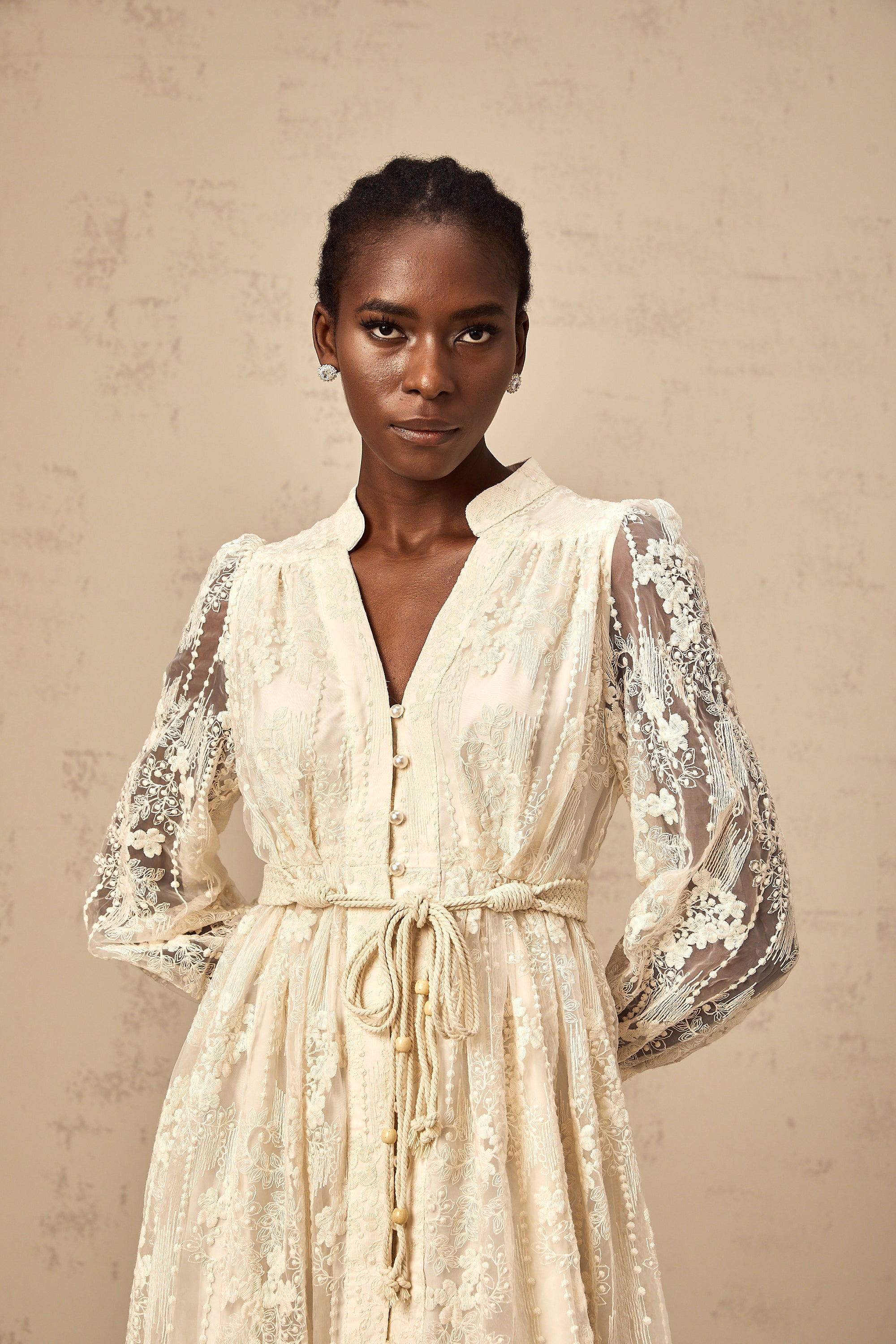 Roxane neutrals lace-embroidered midi dress