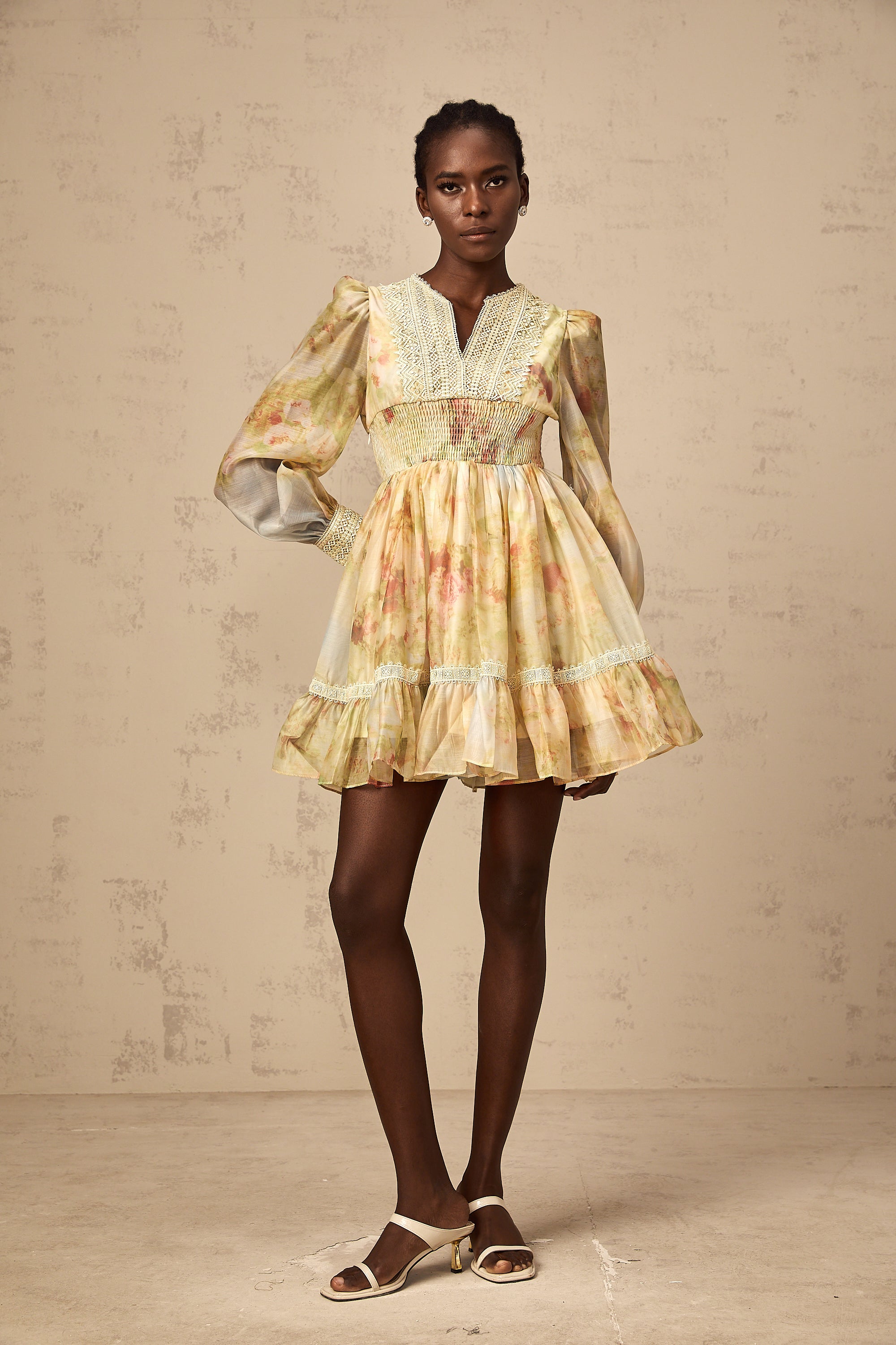 Olivia yellow lace-panelling floral-print mini dress