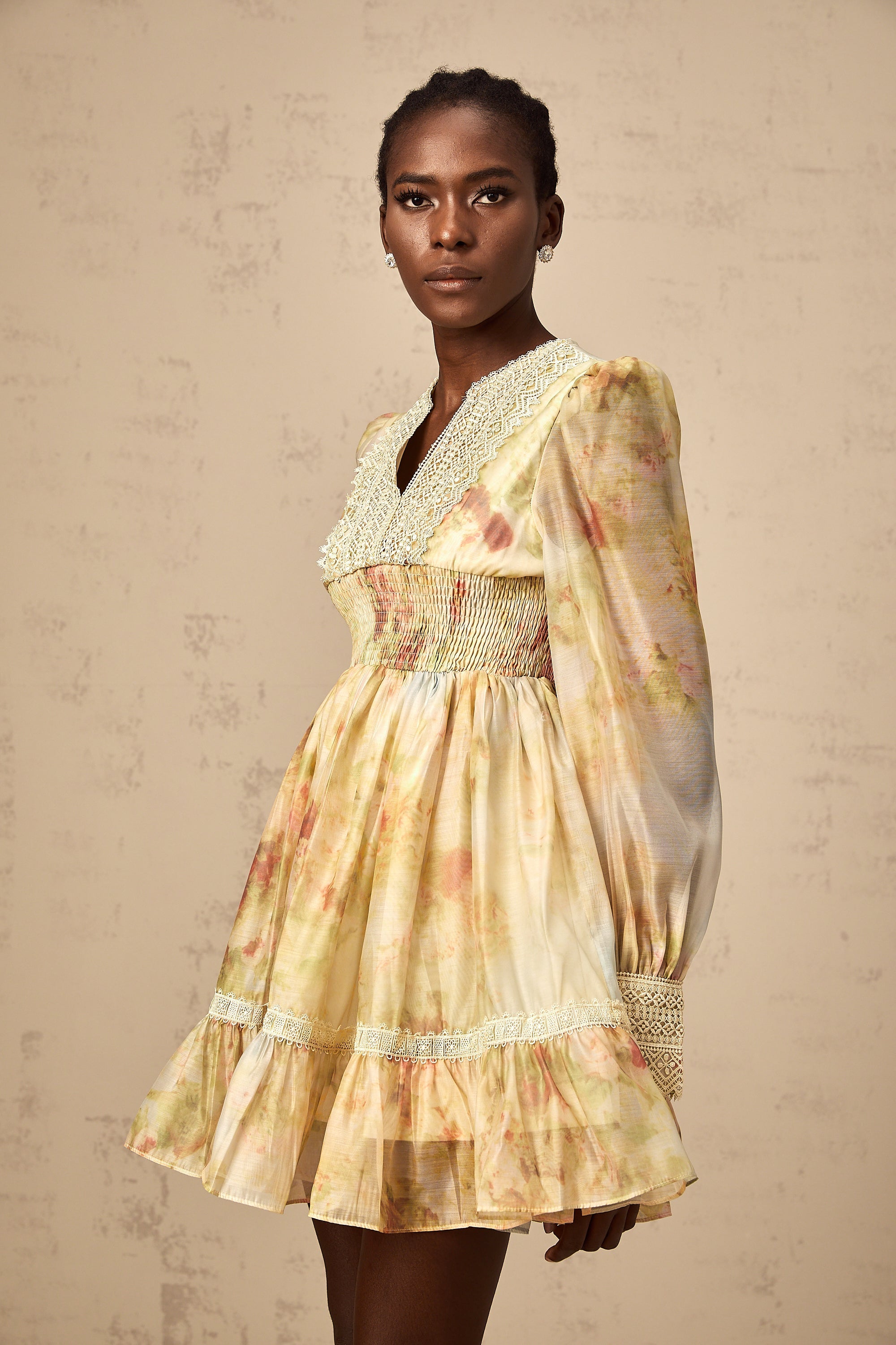 Olivia yellow lace-panelling floral-print mini dress