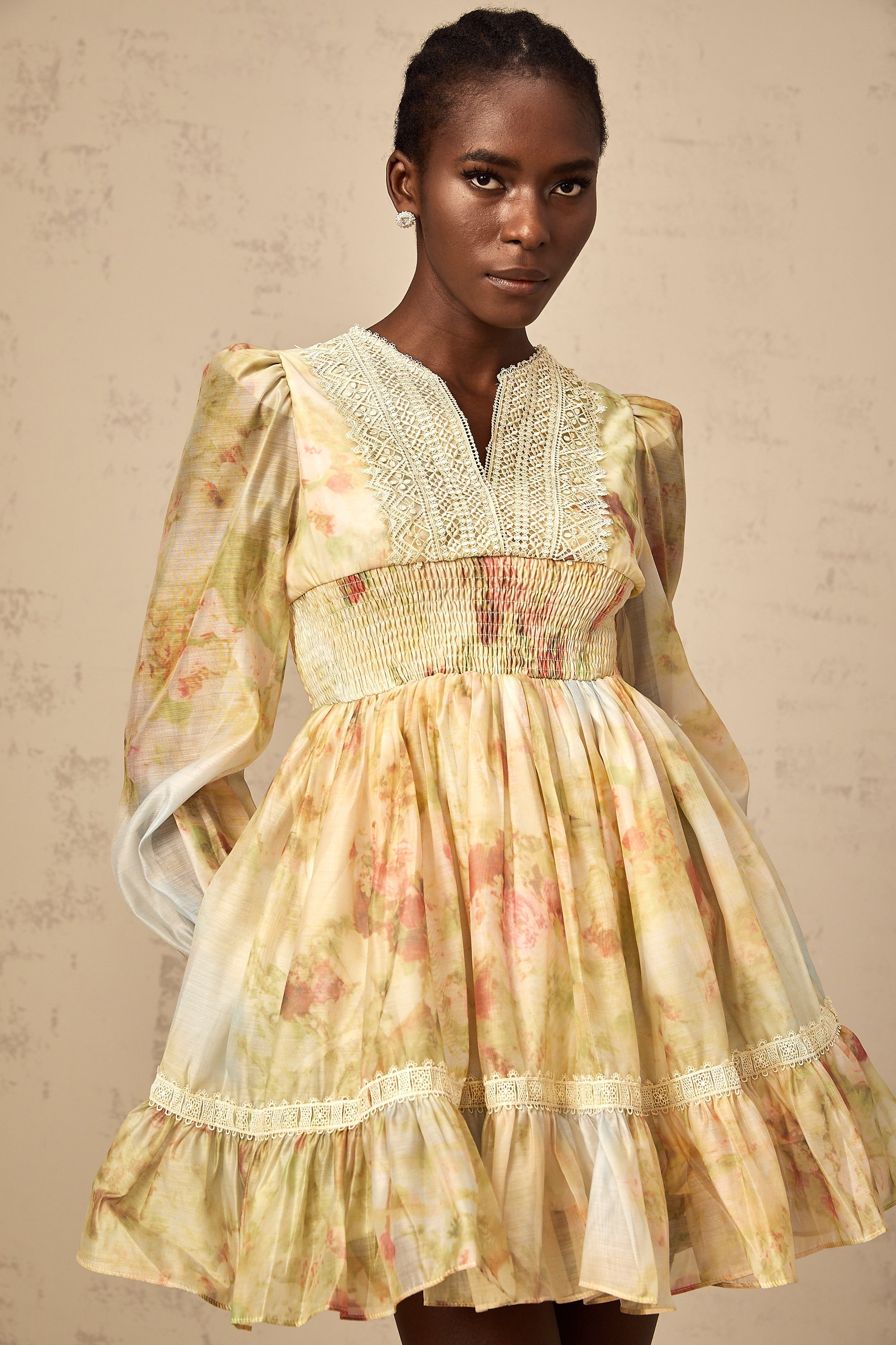 Olivia yellow lace-panelling floral-print mini dress