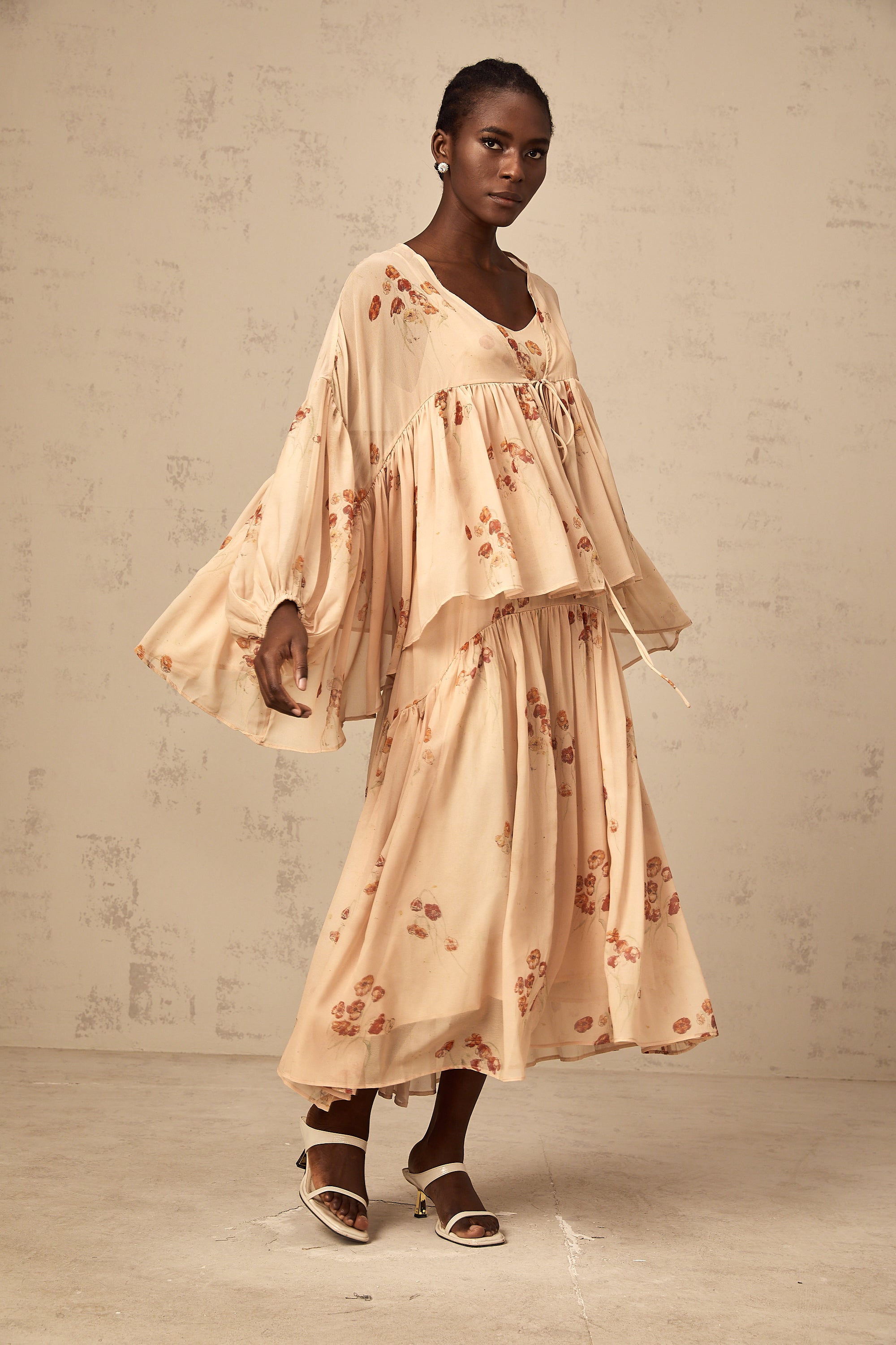 Maïa coral-pink floral-print pleated blouse & dress matching set