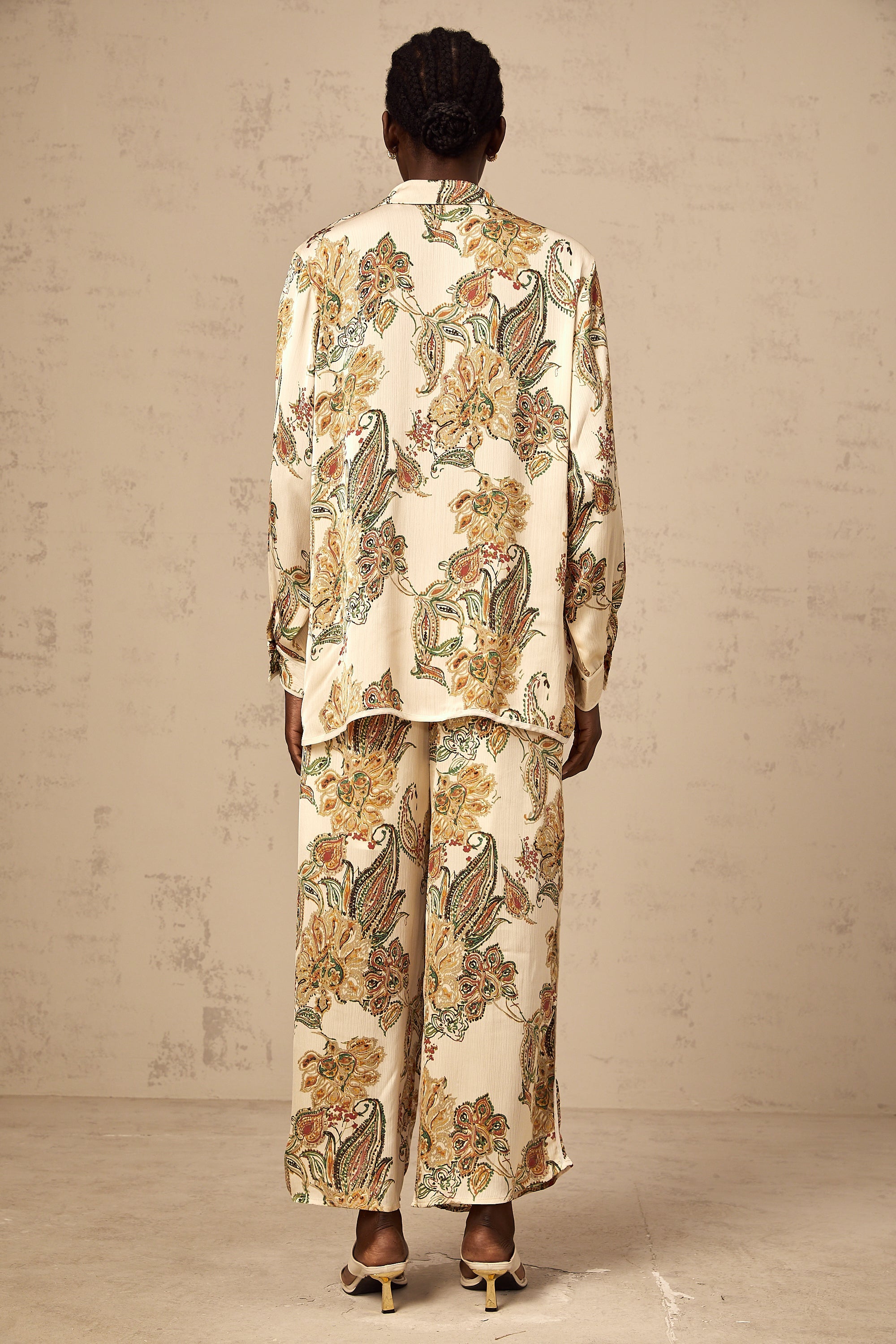 Agnès neutrals floral-print shirt & trousers matching set