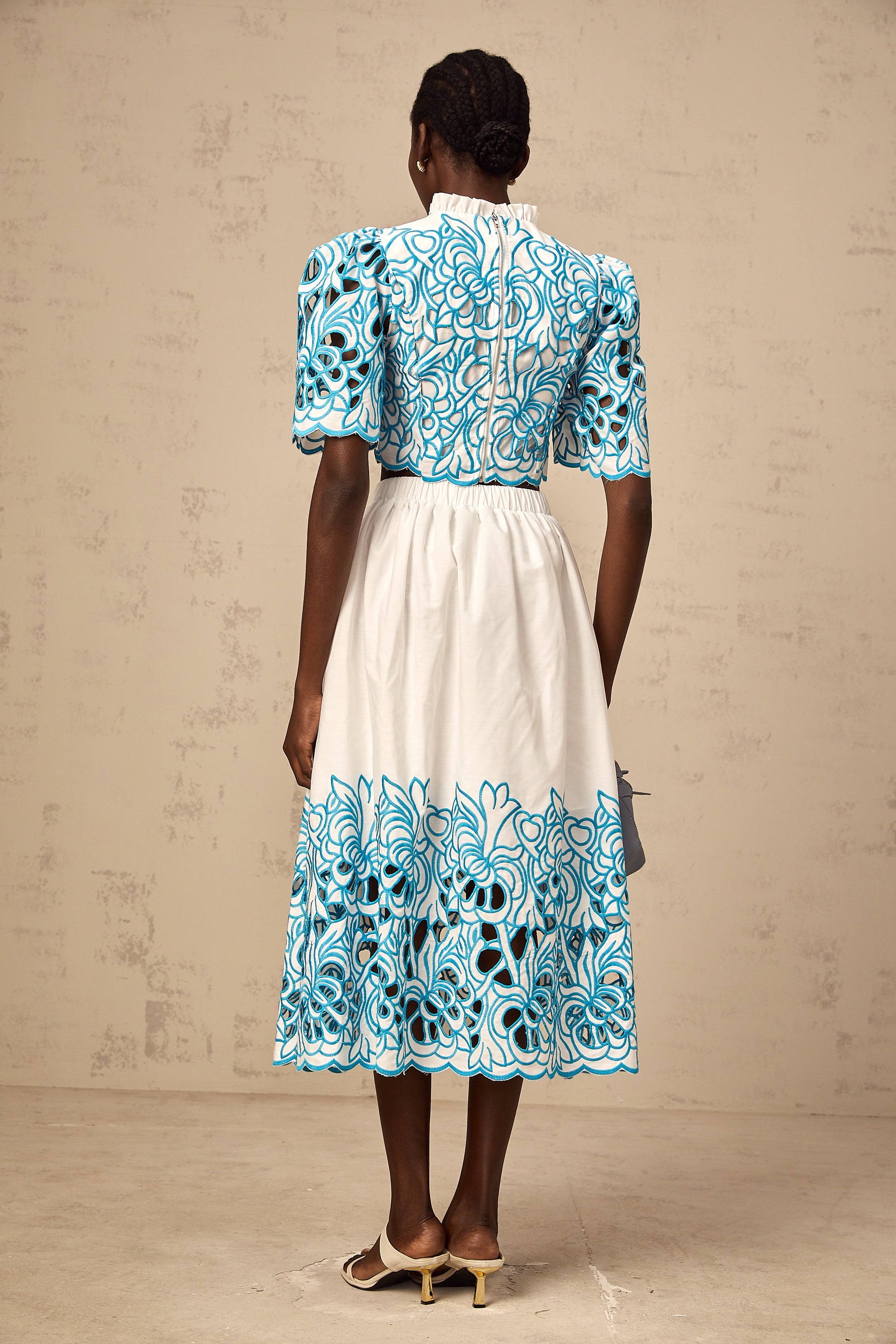 Aurore blue cut-out embroidered top & skirt matching set (Final Sale-US Only)