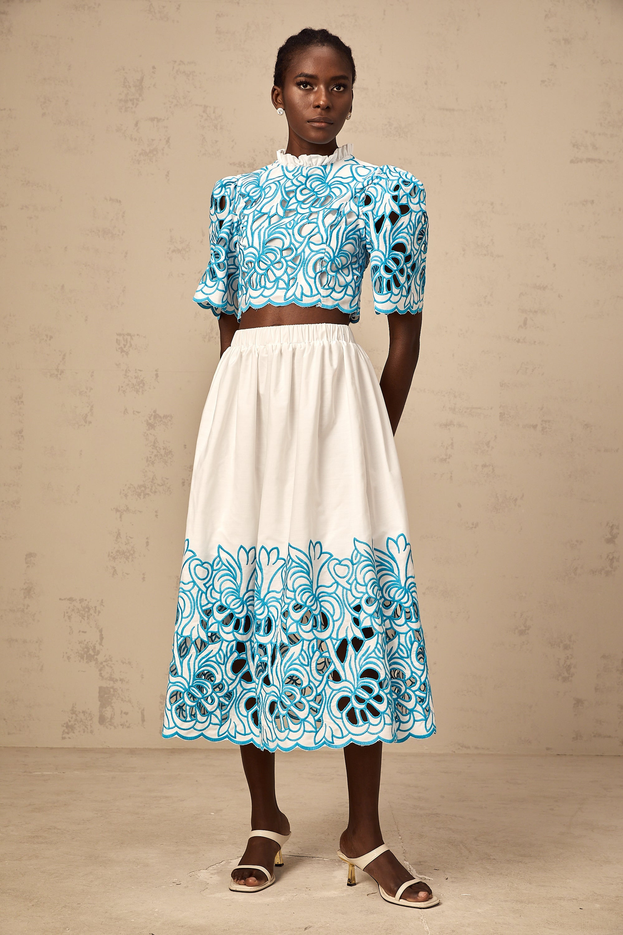Aurore blue cut-out embroidered top & skirt matching set (Final Sale-US Only)