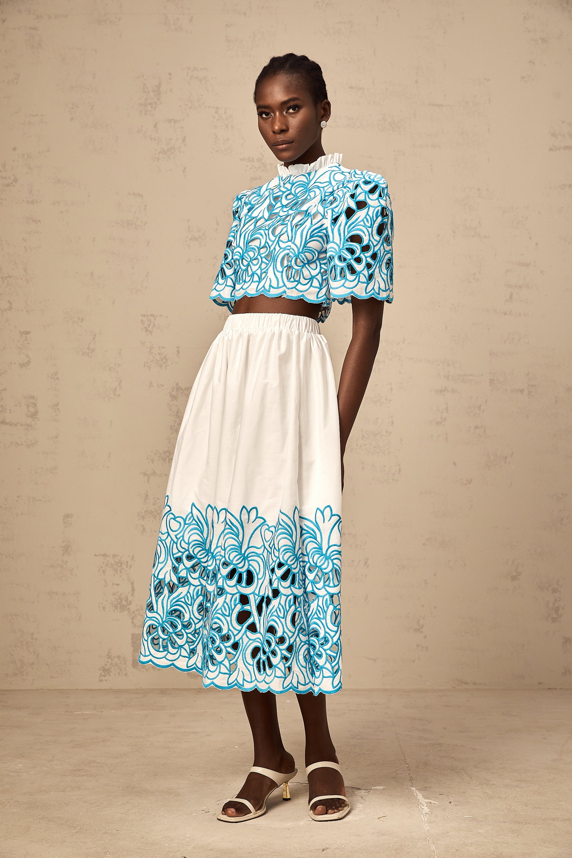 Aurore blue cut-out embroidered top & skirt matching set (Final Sale-US Only)