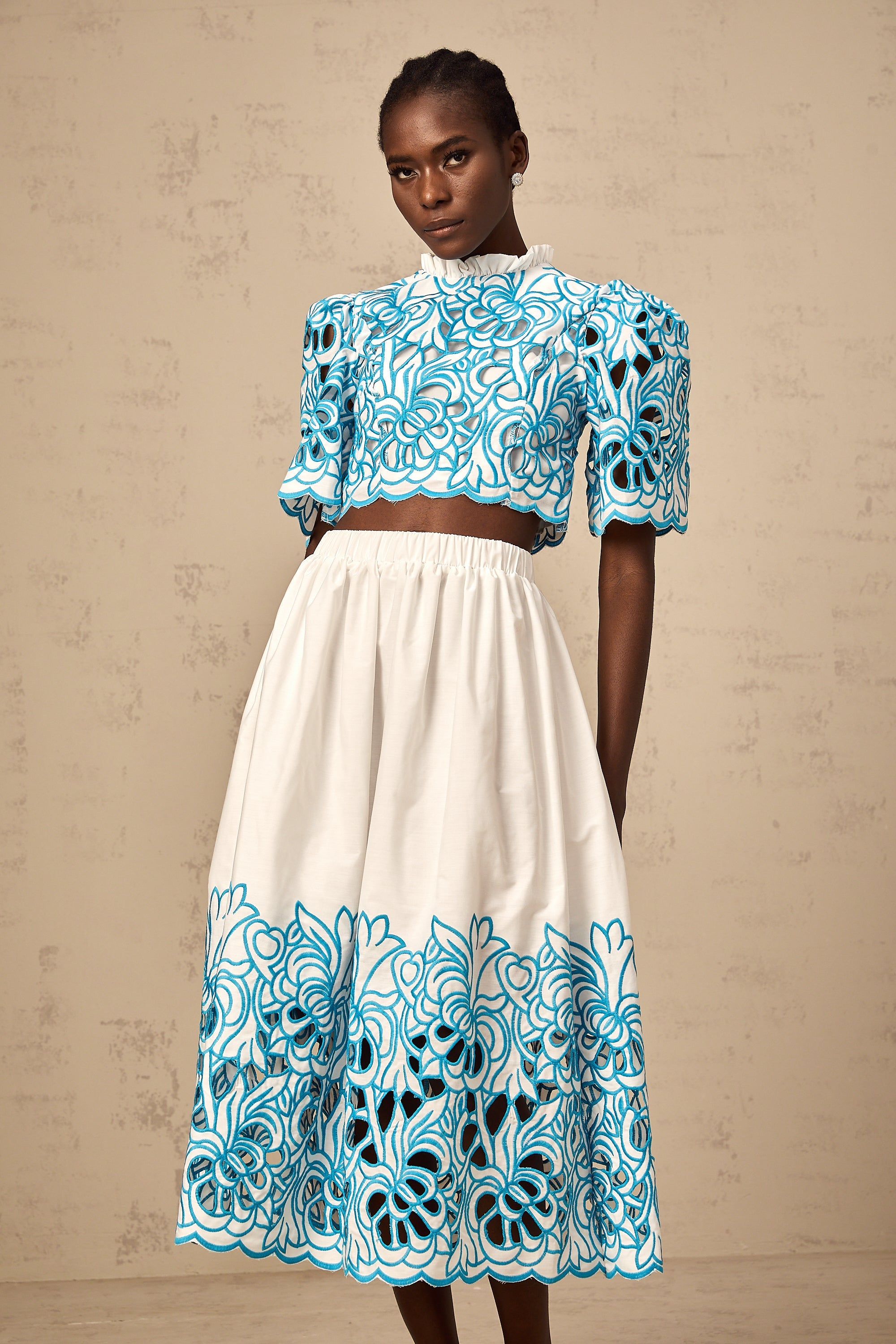 Aurore blue cut-out embroidered top & skirt matching set (Final Sale-US Only)