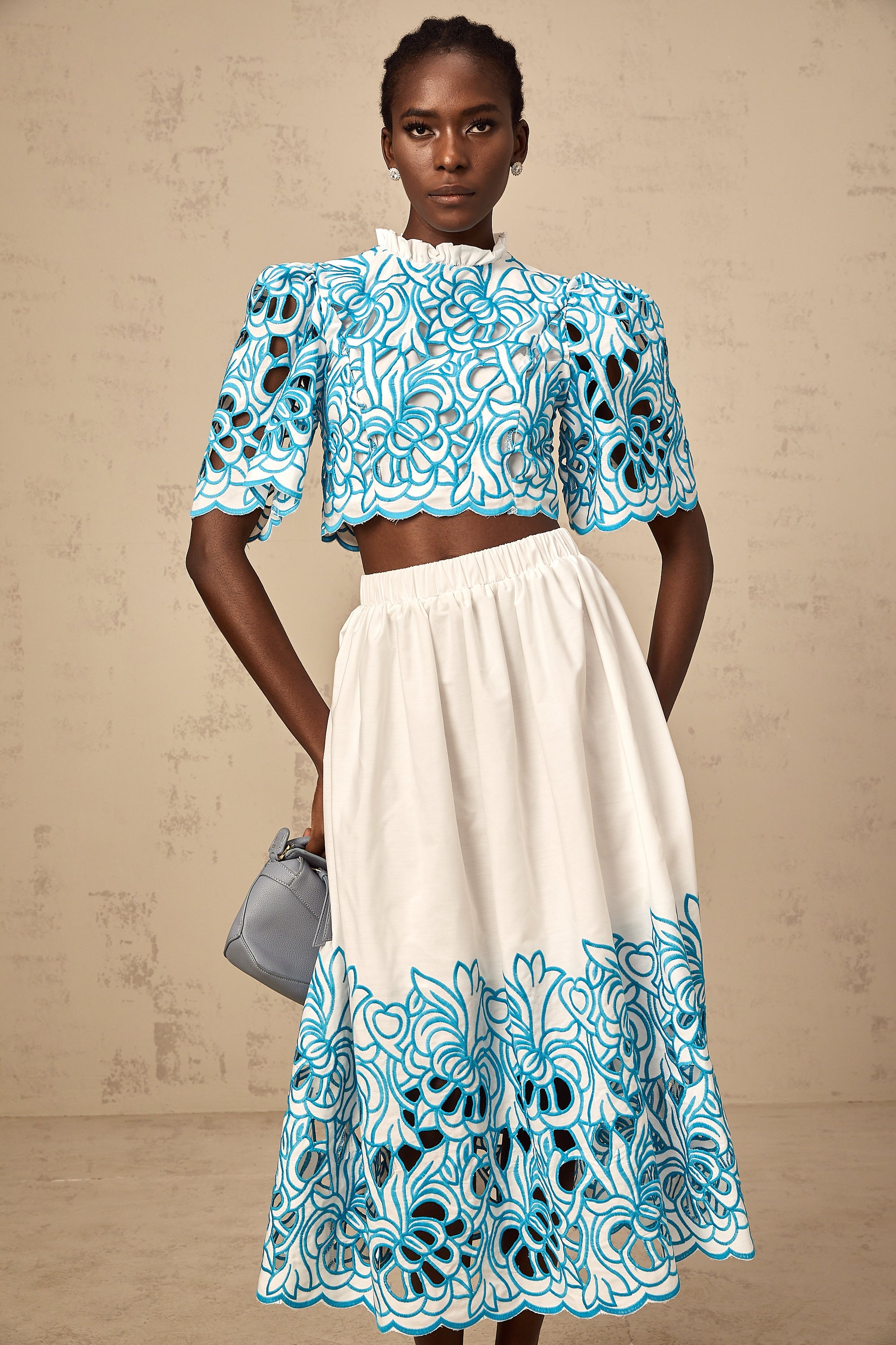 Aurore blue cut-out embroidered top & skirt matching set (Final Sale-US Only)