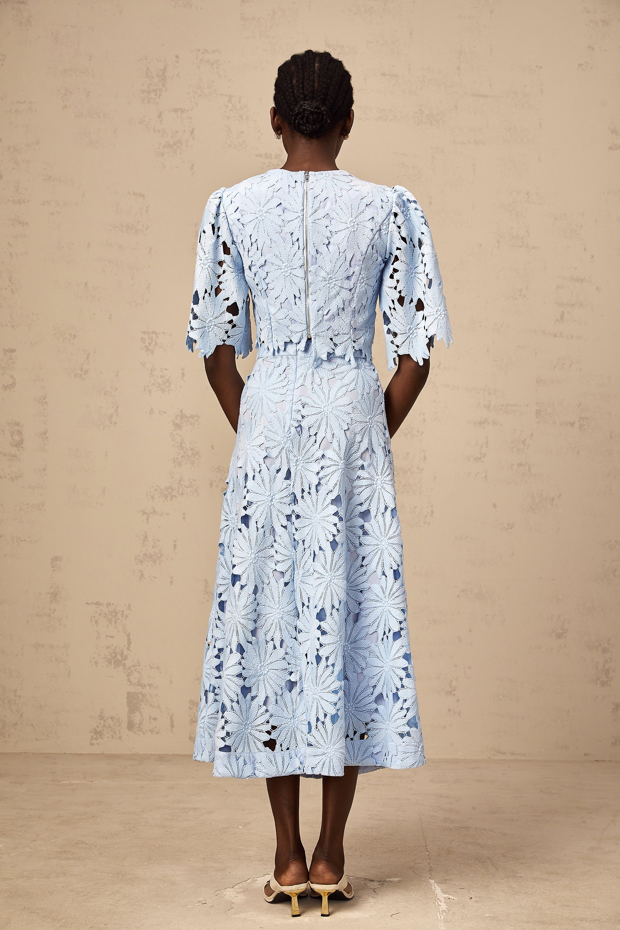 Audrey blue guipure-lace top & skirt matching set
