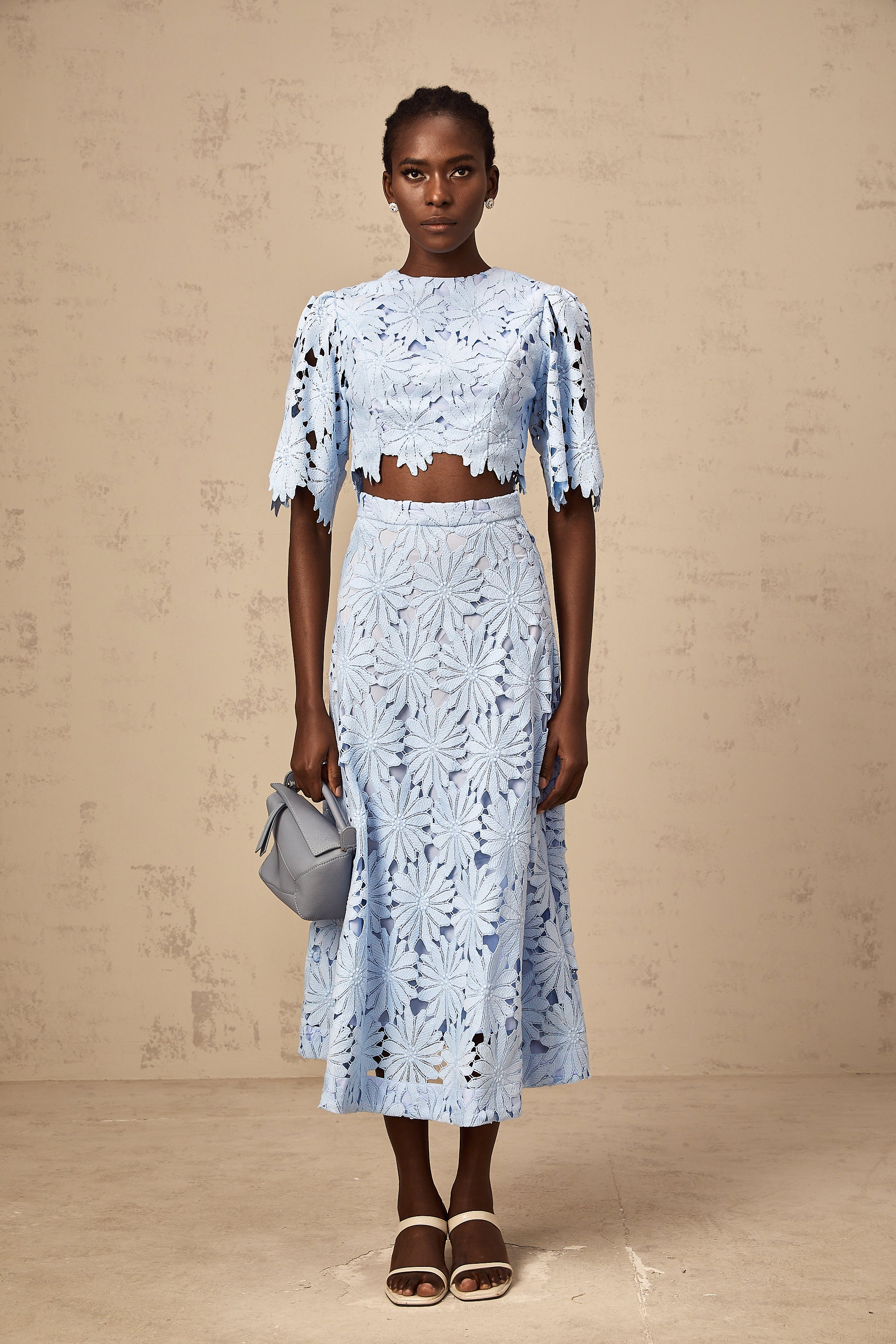 Audrey blue guipure-lace top & skirt matching set (Final Sale-US Only)