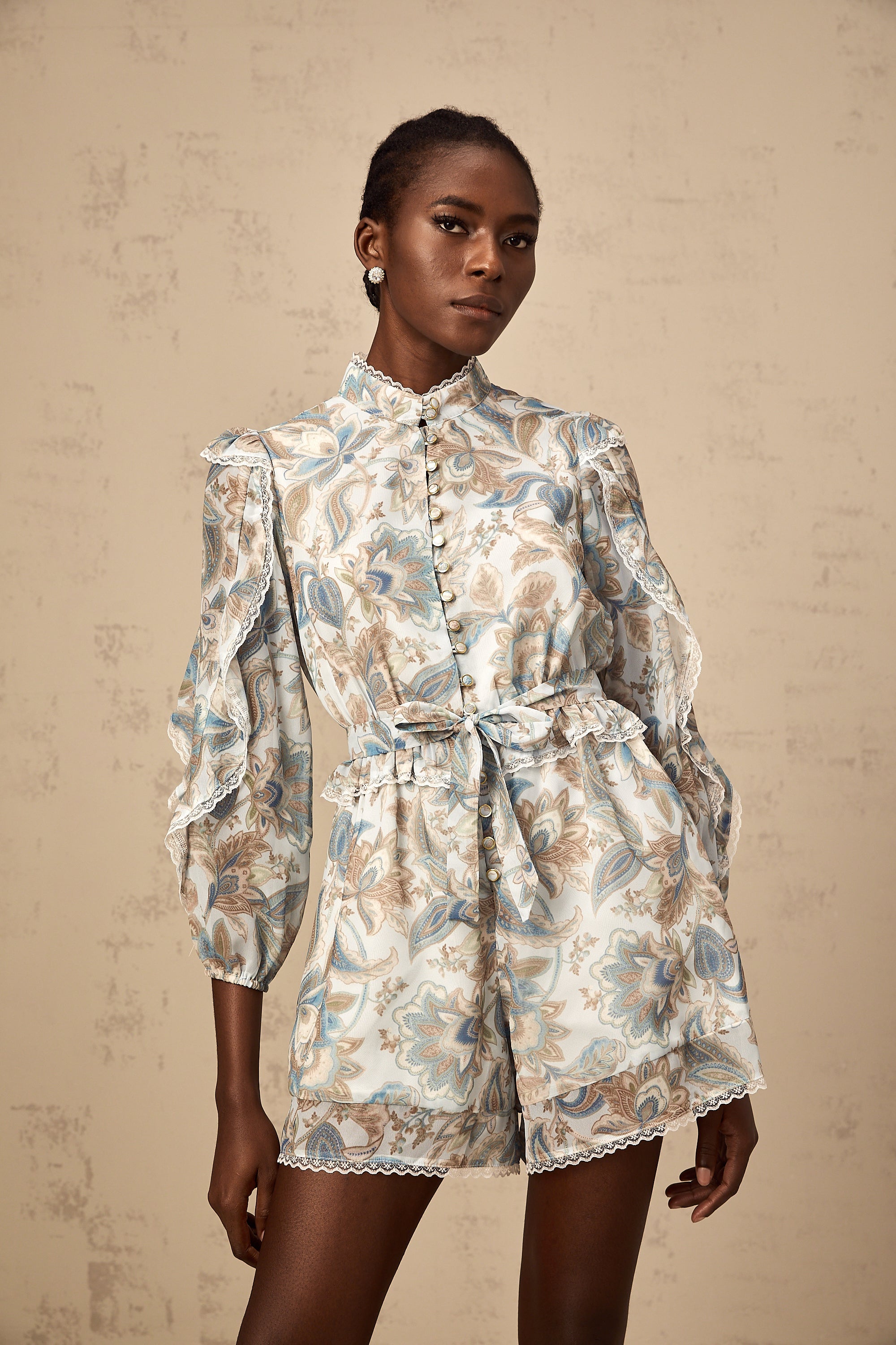 Eugénie blue lace-trim floral-print ruffled jumpsuit