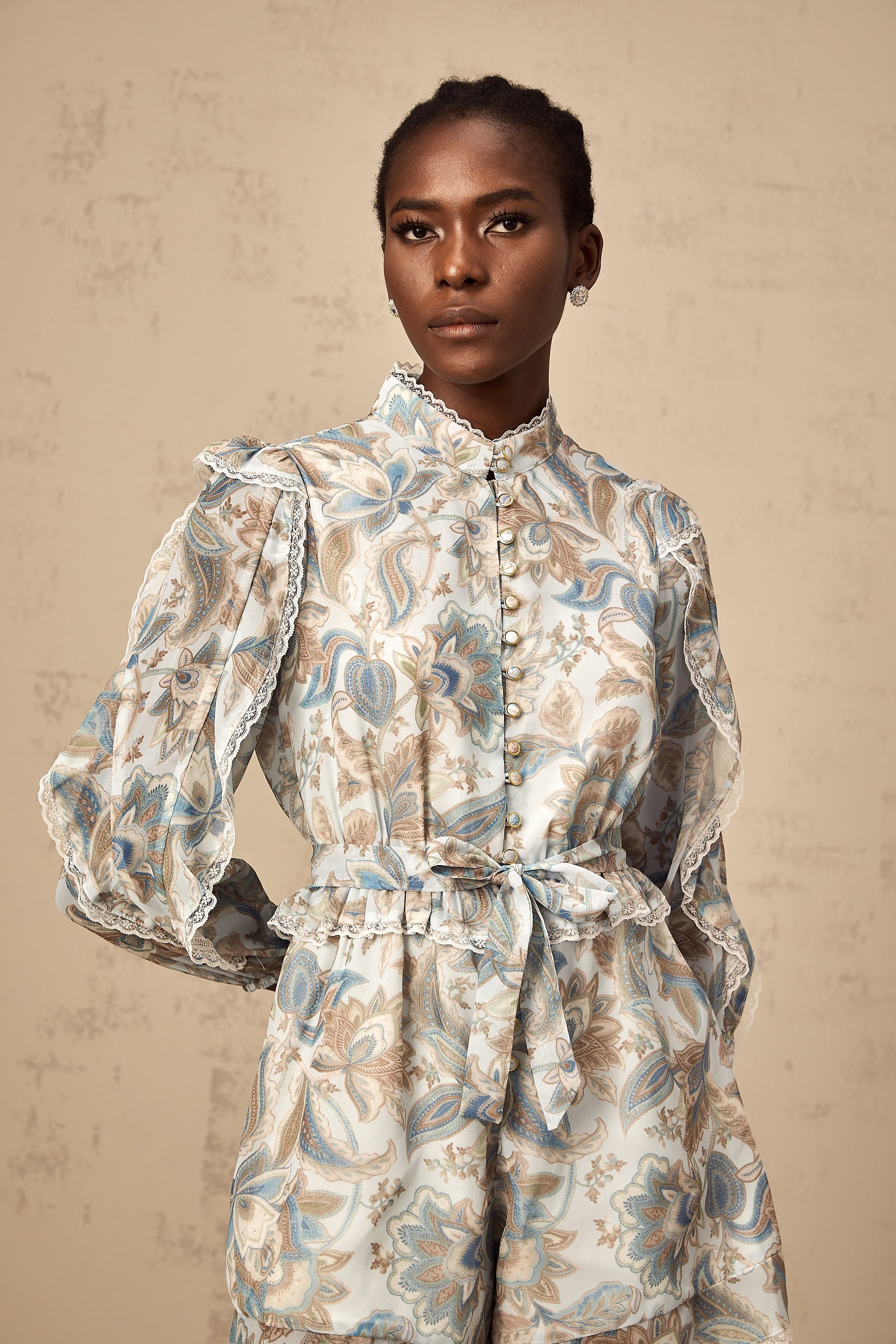 Eugénie blue lace-trim floral-print ruffled jumpsuit