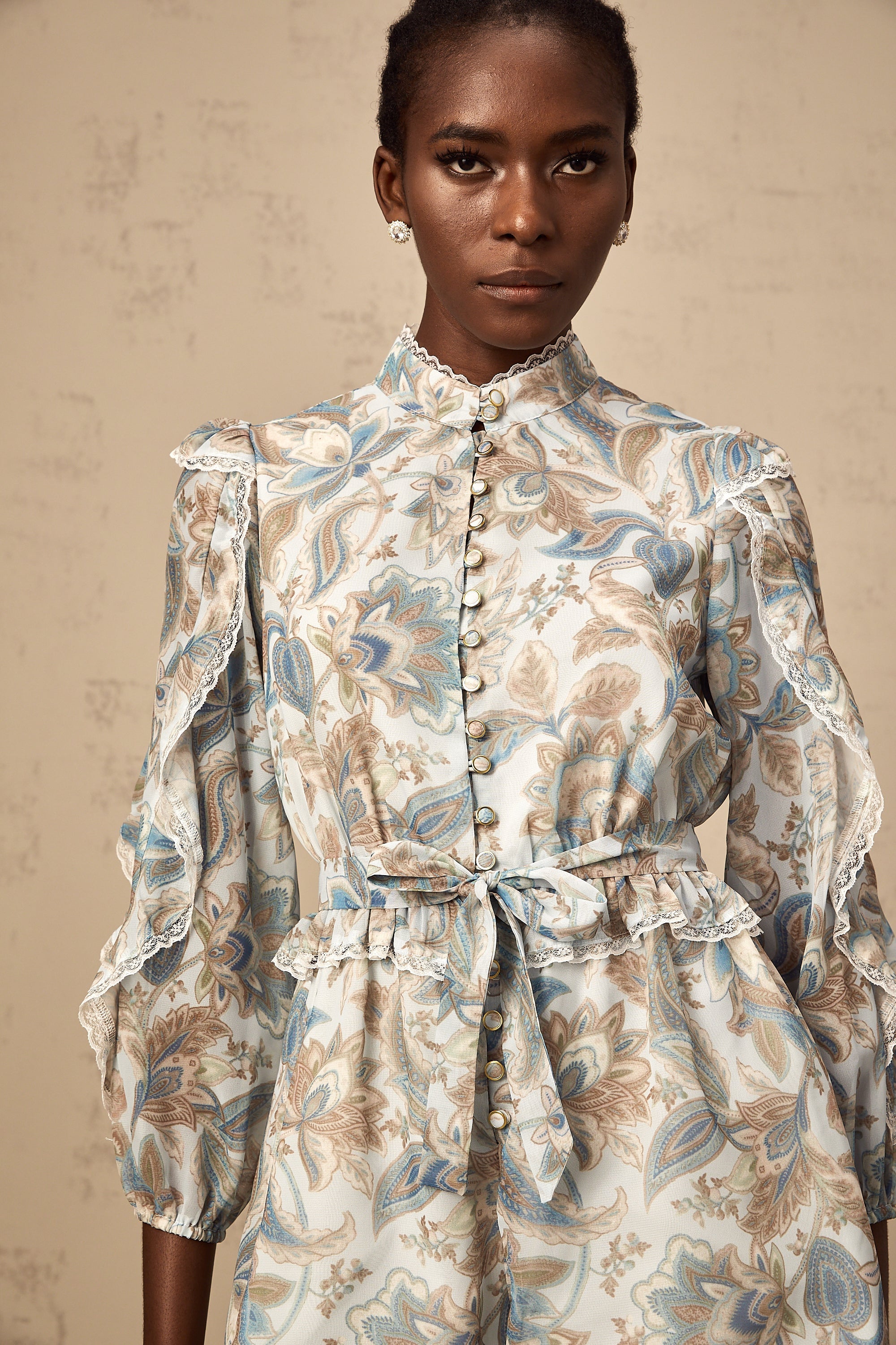 Eugénie blue lace-trim floral-print ruffled jumpsuit