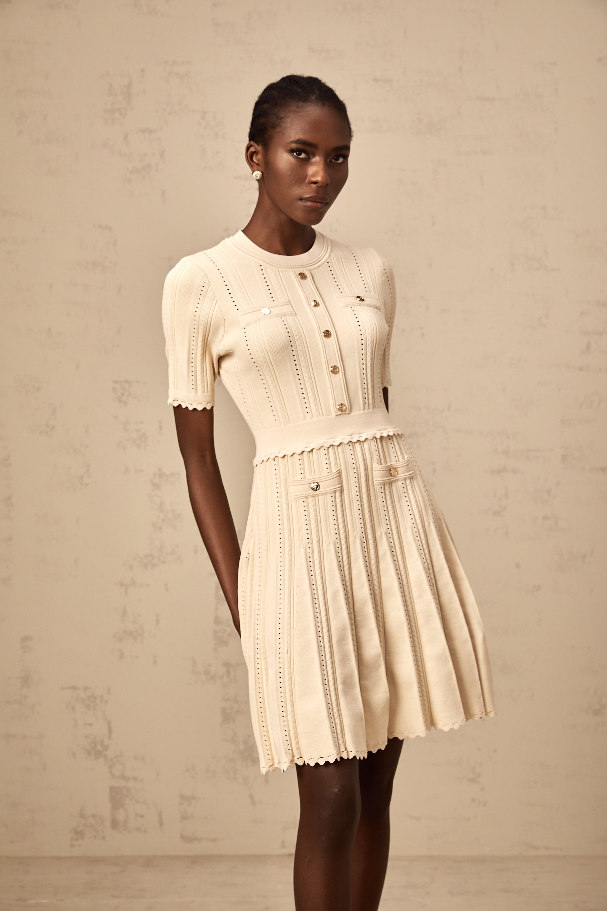 Amélie neutrals pointelle-trim pleated knit mini dress (Final Sale-US Only)