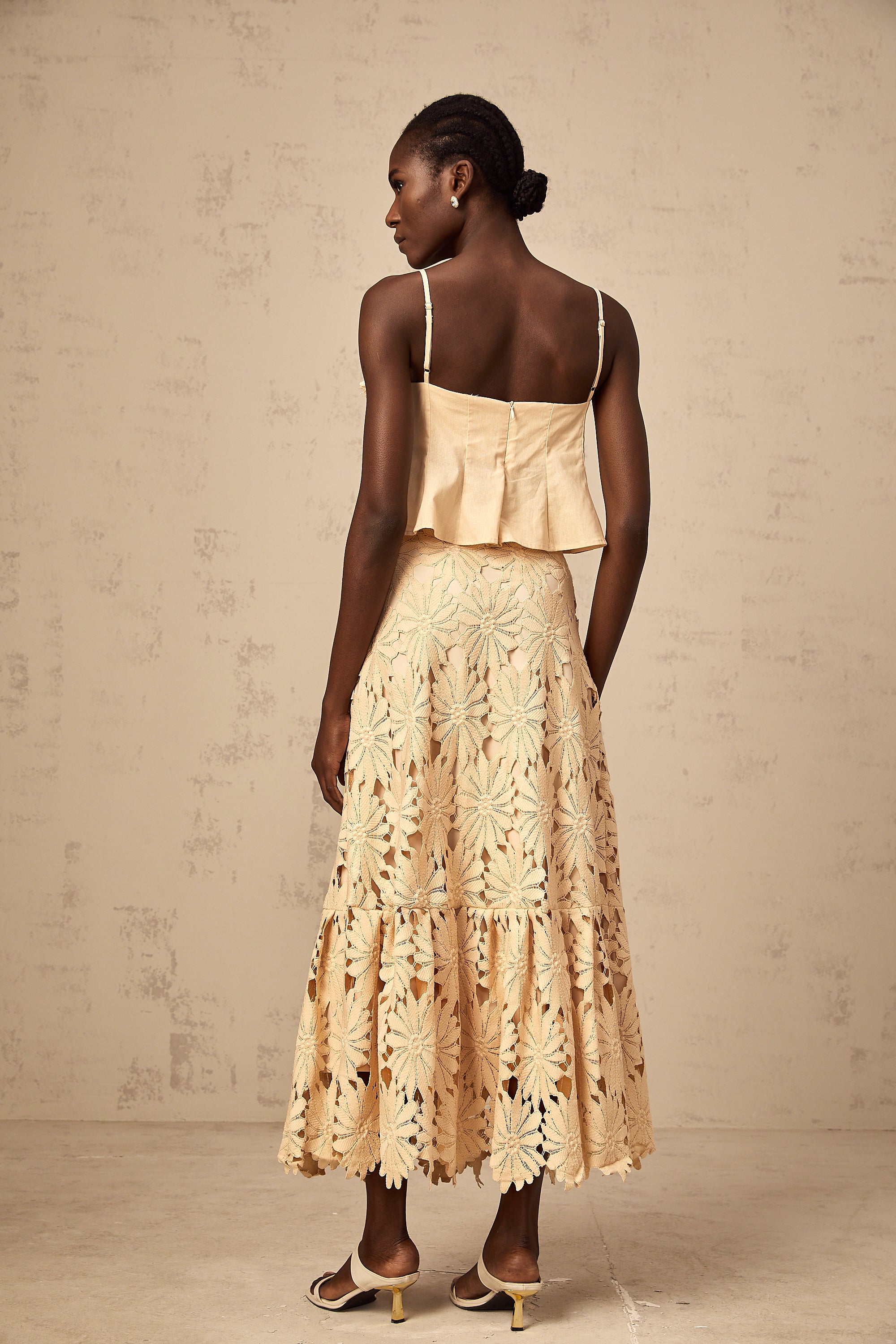 Céline khaki cut-out flared top & skirt matching set