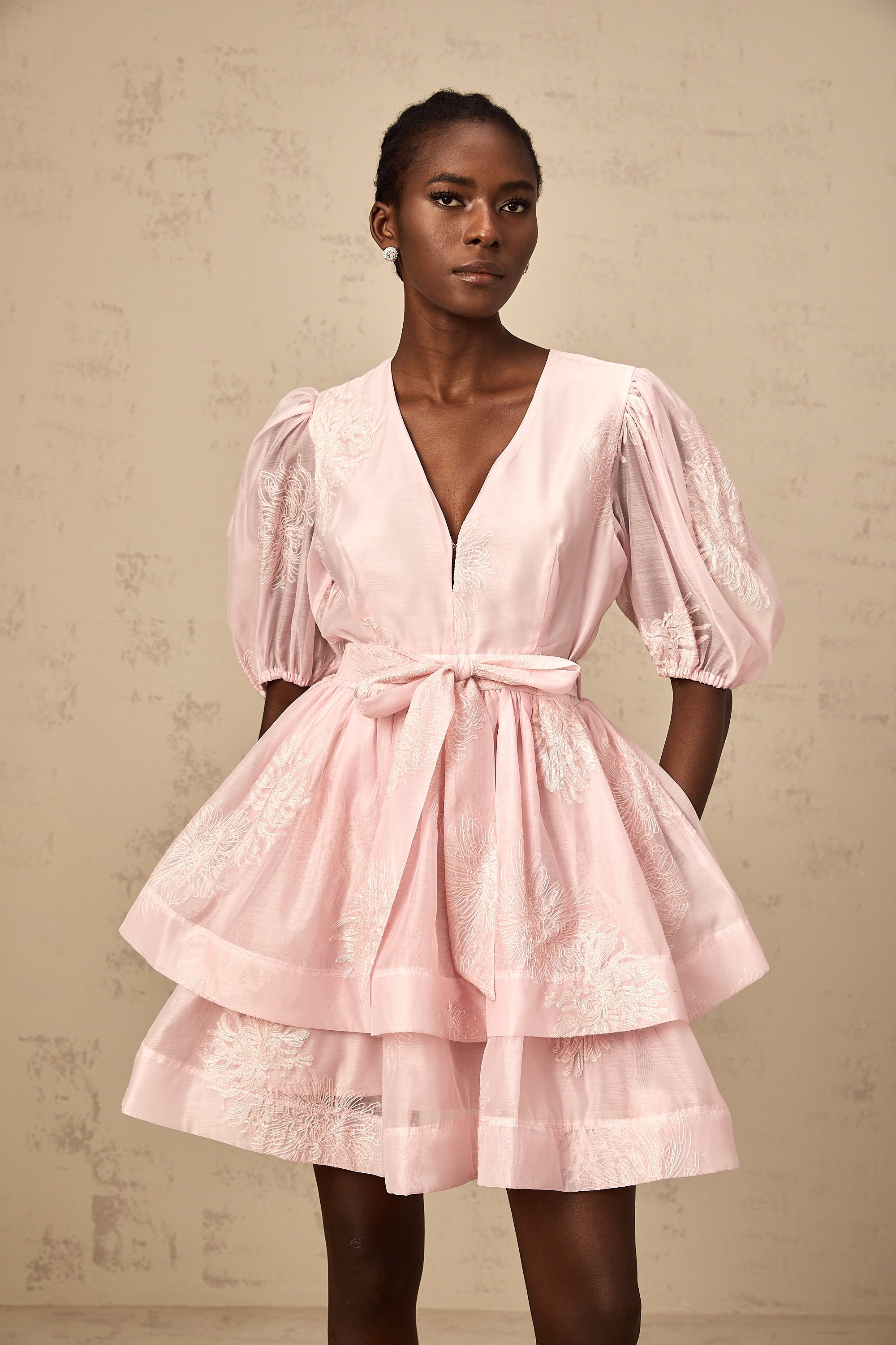 Florence pink floral-embroidered layered mini dress (Final Sale)