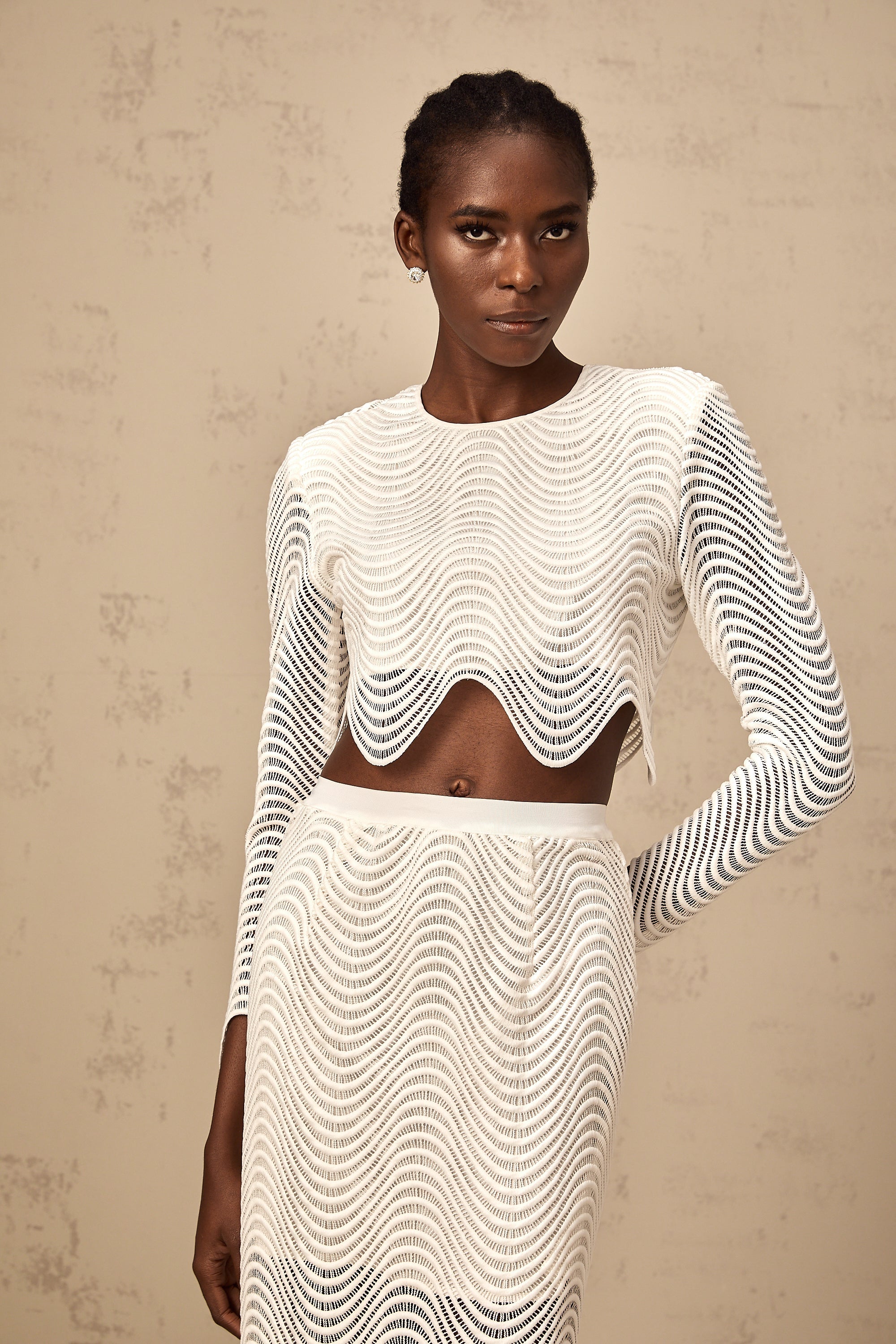Constance white wavy woven top & skirt matching set