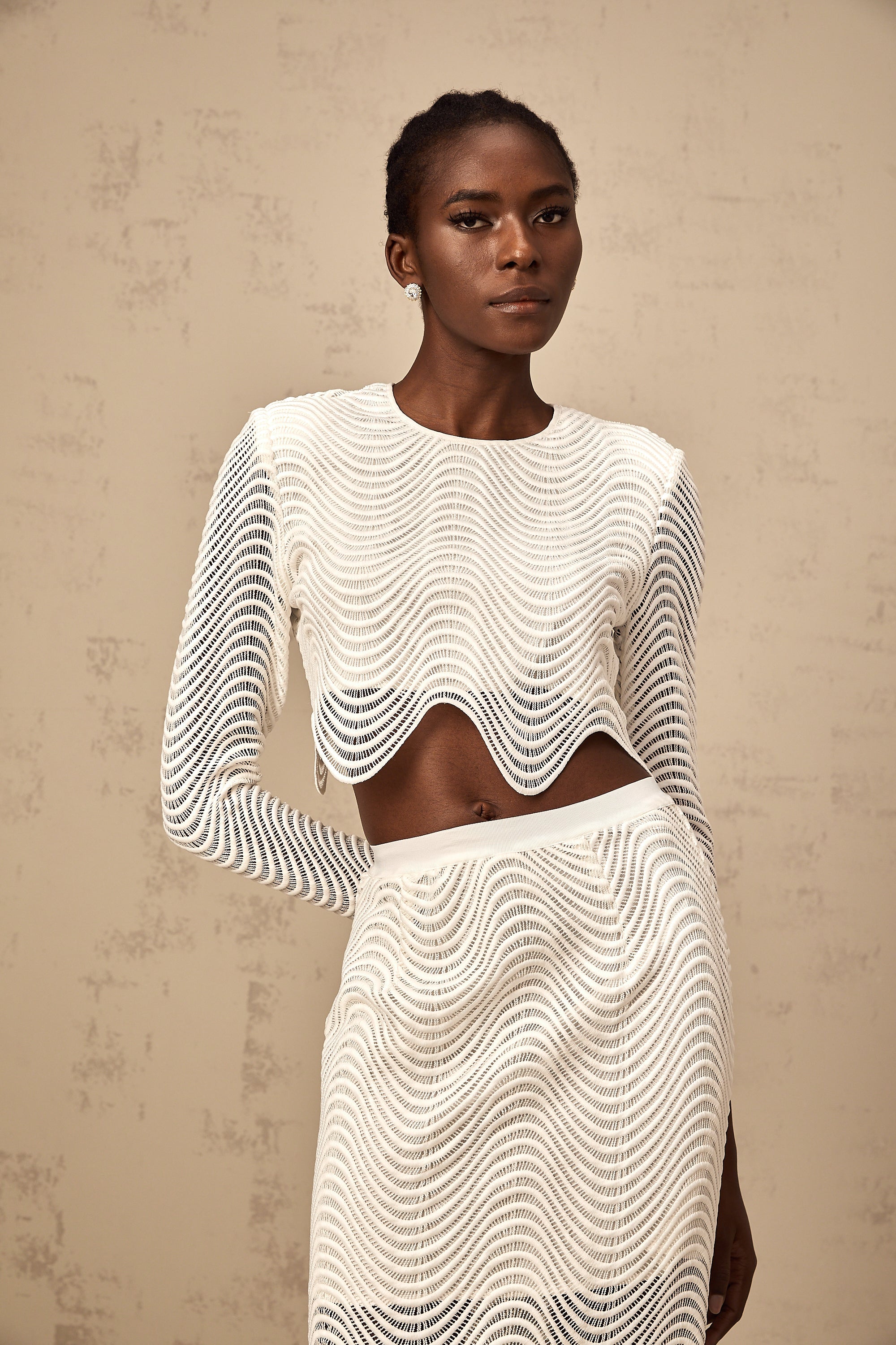 Constance white wavy woven top & skirt matching set
