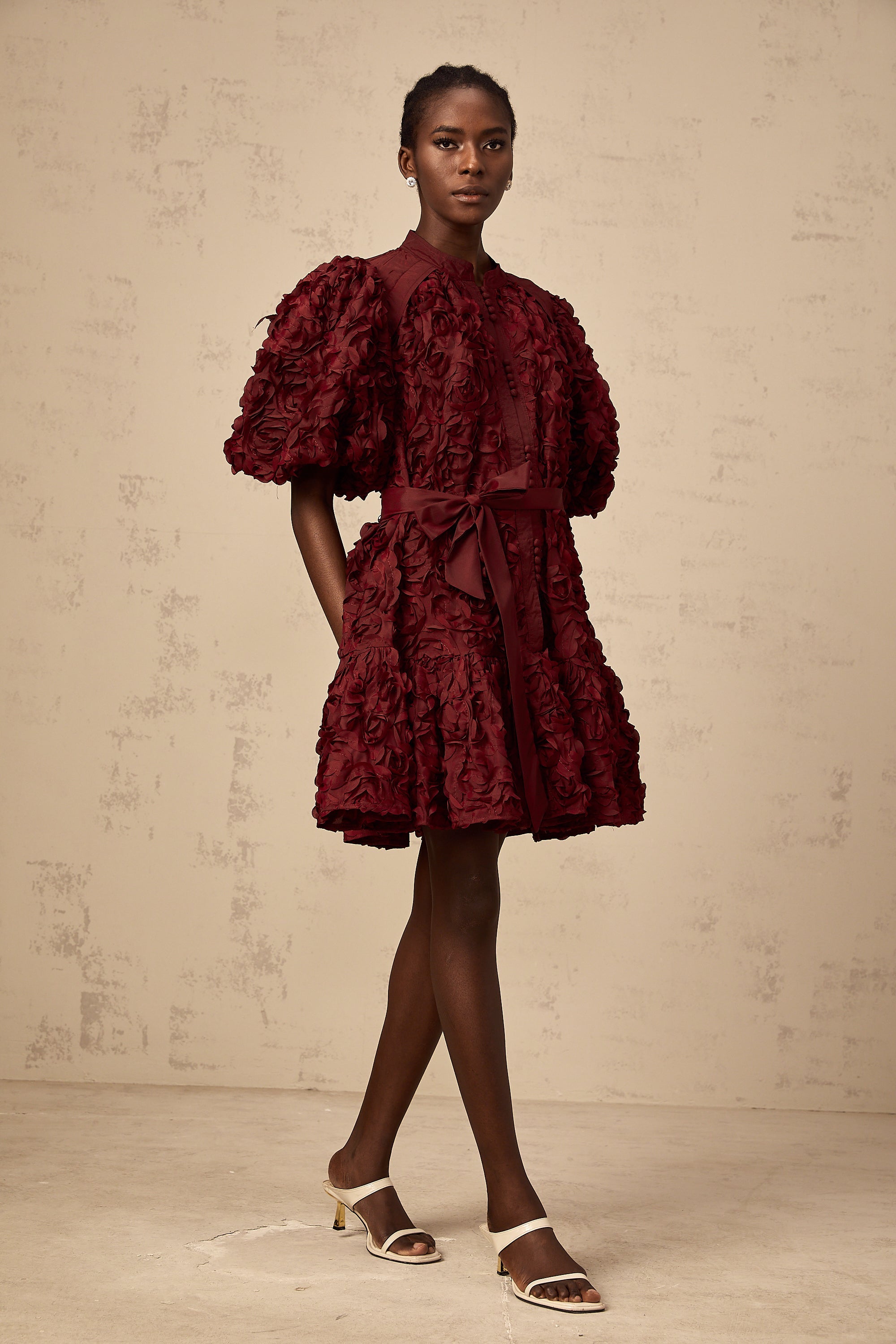 Ségolène wine-red 3D-petal puff mini dress (Final Sale-US Only)