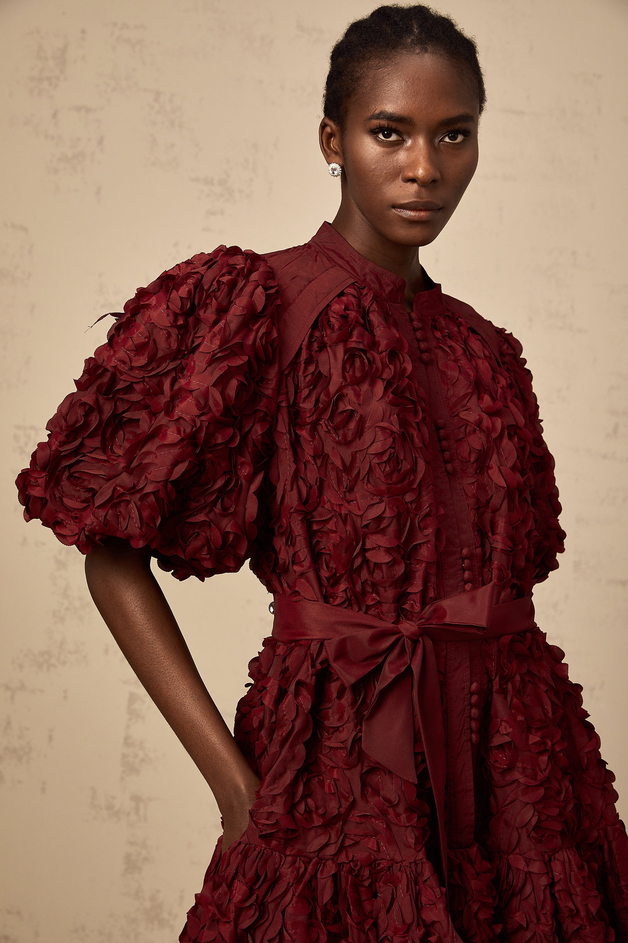 Ségolène wine-red 3D-petal puff mini dress (Final Sale-US Only)