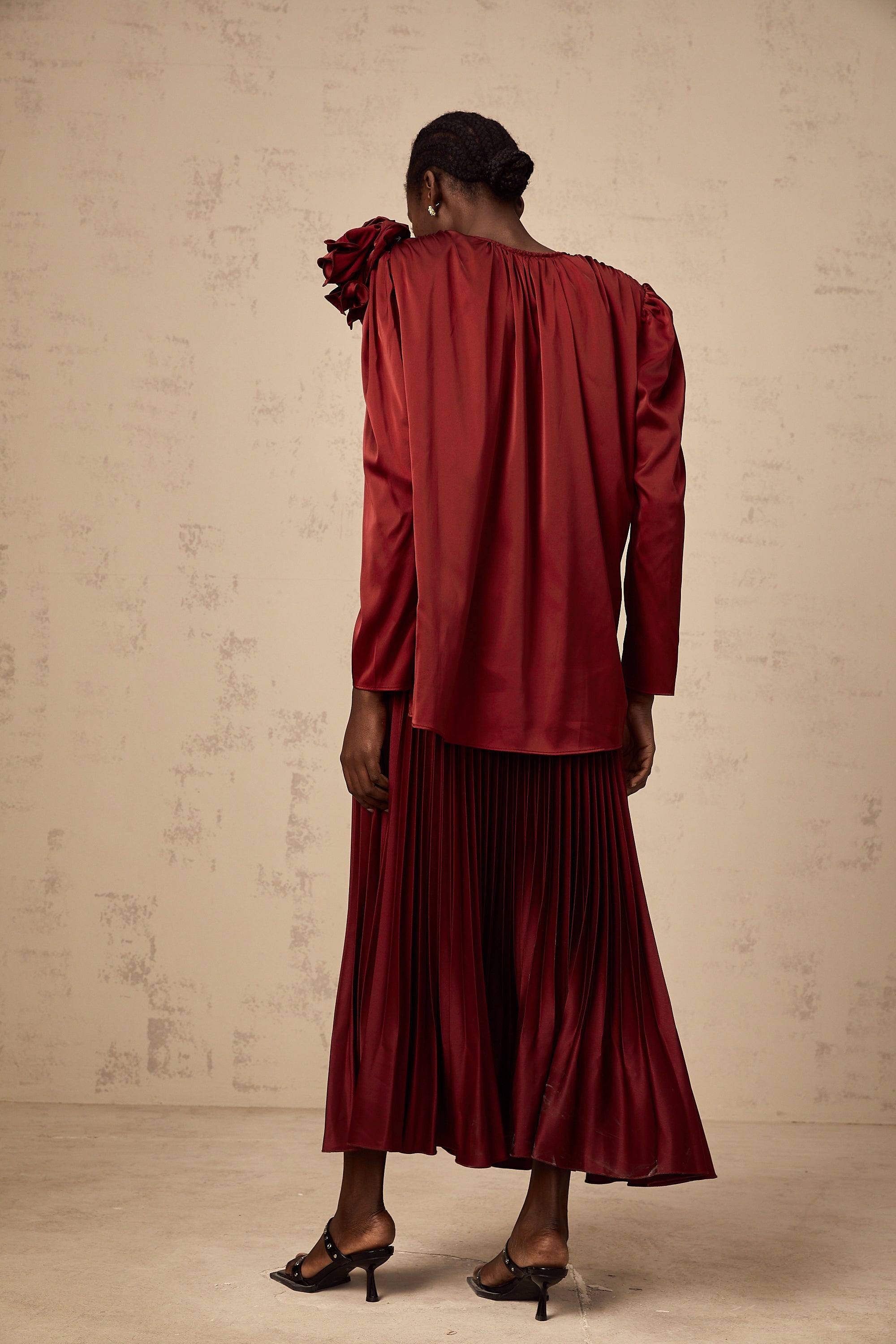 Colette flower-appliqué satin blouse & skirt matching set