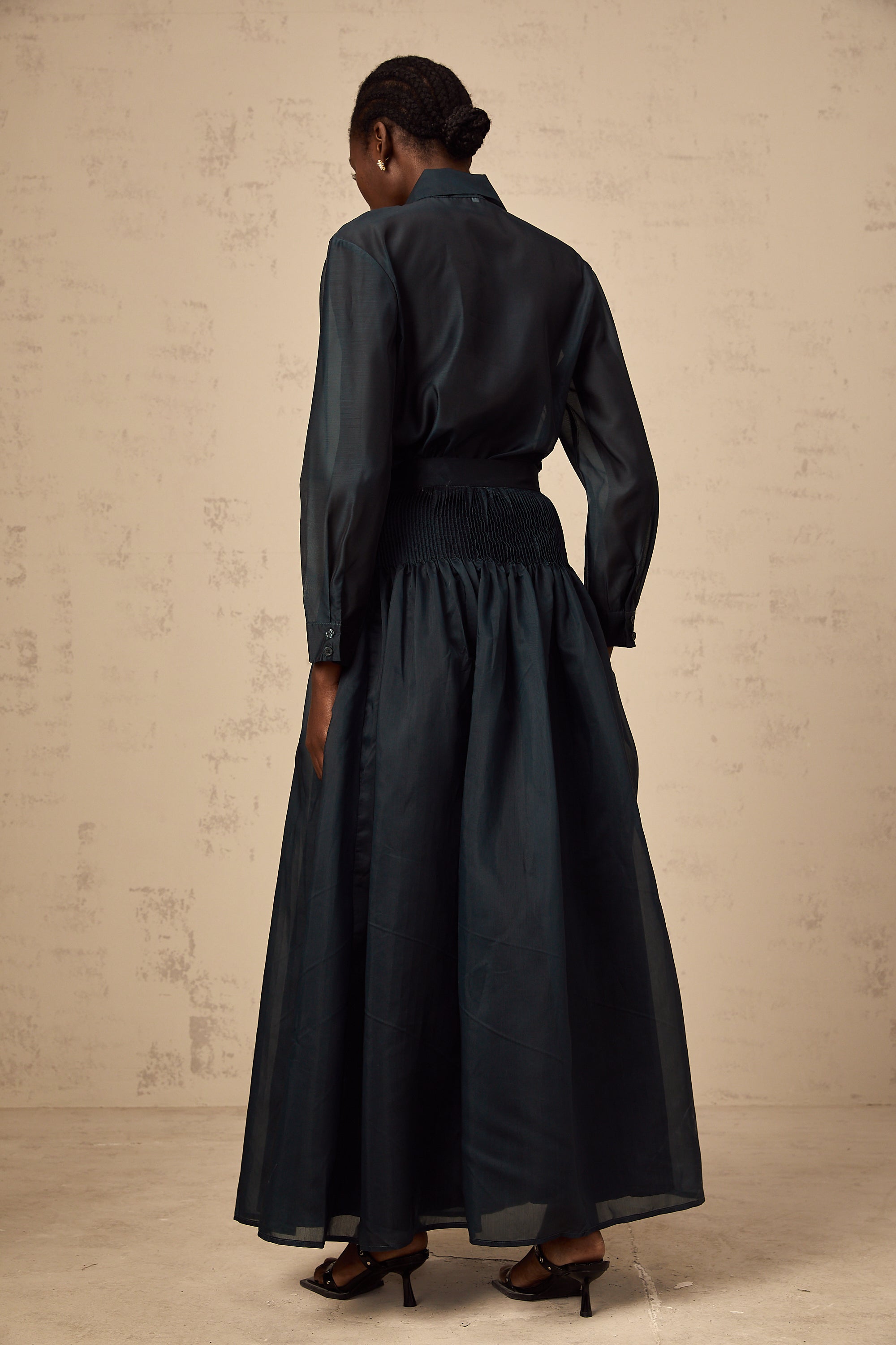 Zoé dark-green ribbon tie-neck shirt & skirt matching set