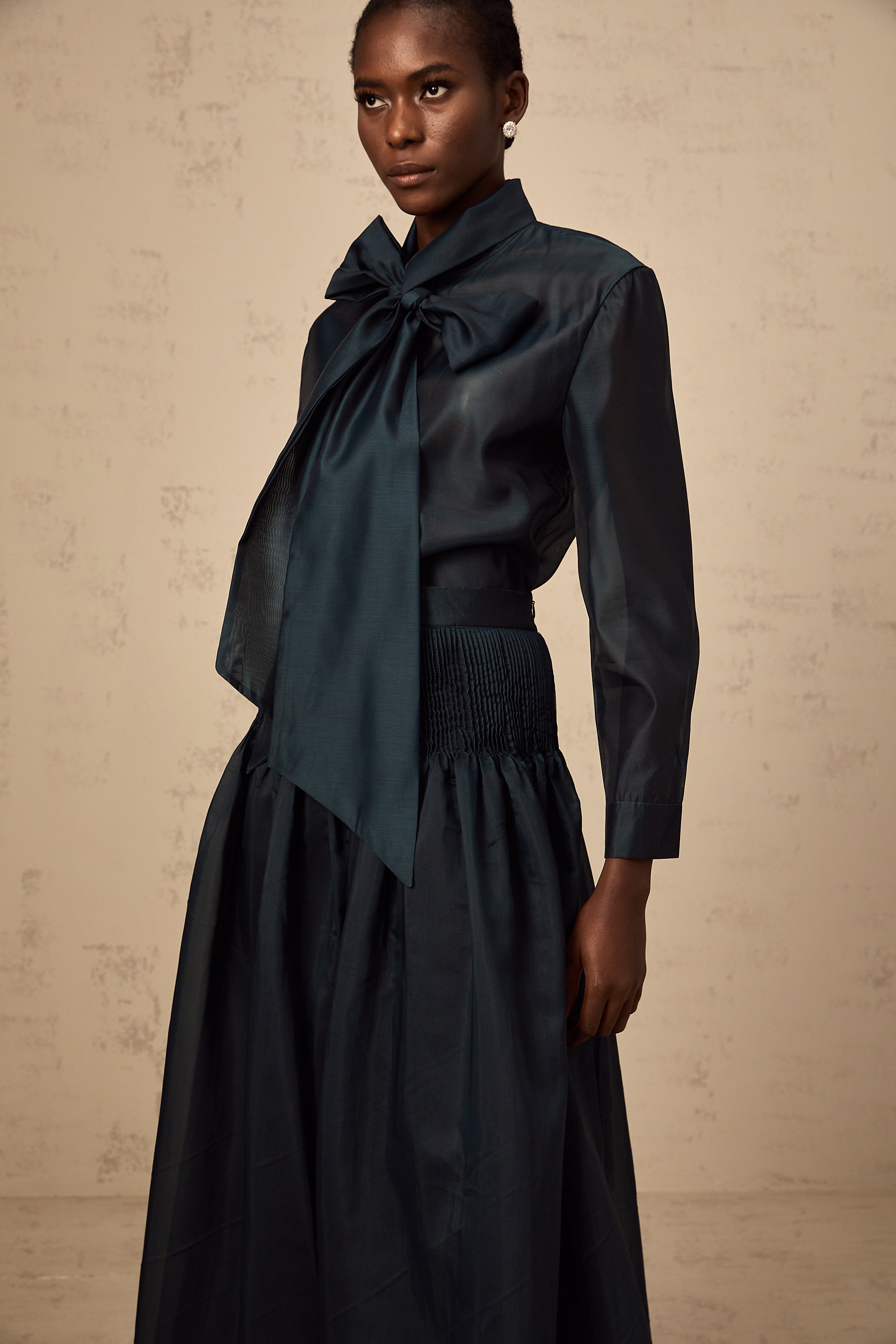 Zoé dark-green ribbon tie-neck shirt & skirt matching set