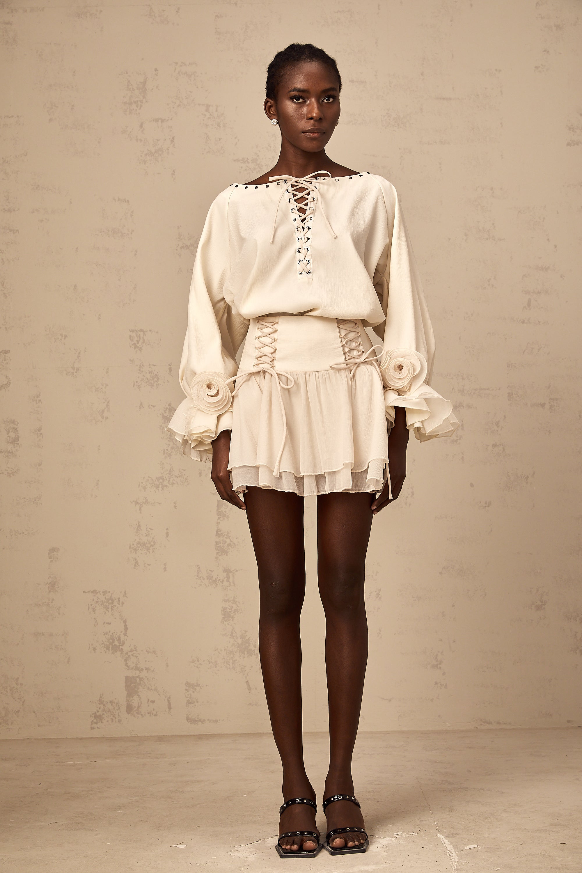 Perrine self-tie ruffled blouse & skirt matching set