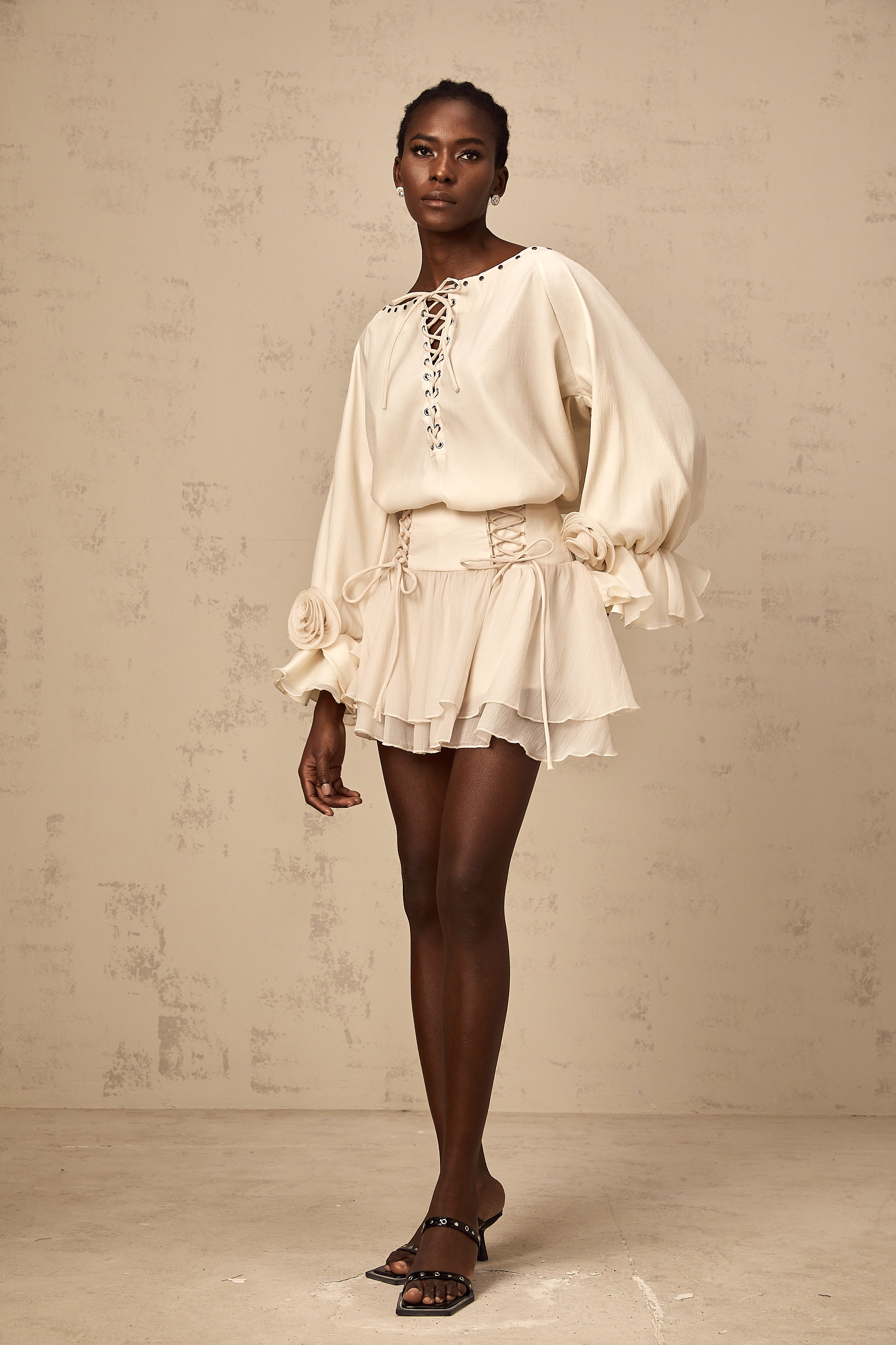 Perrine self-tie ruffled blouse & skirt matching set