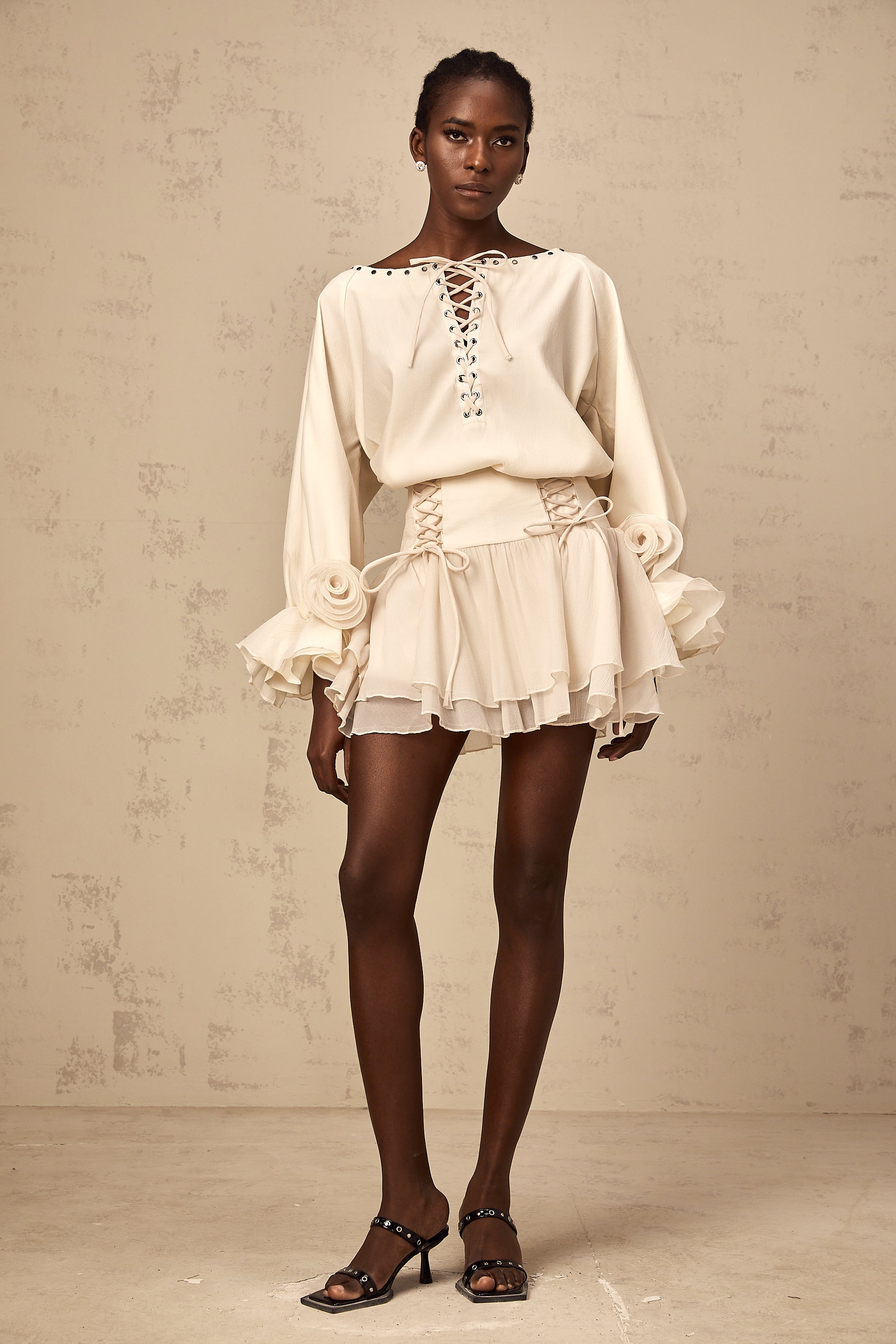 Perrine self-tie ruffled blouse & skirt matching set