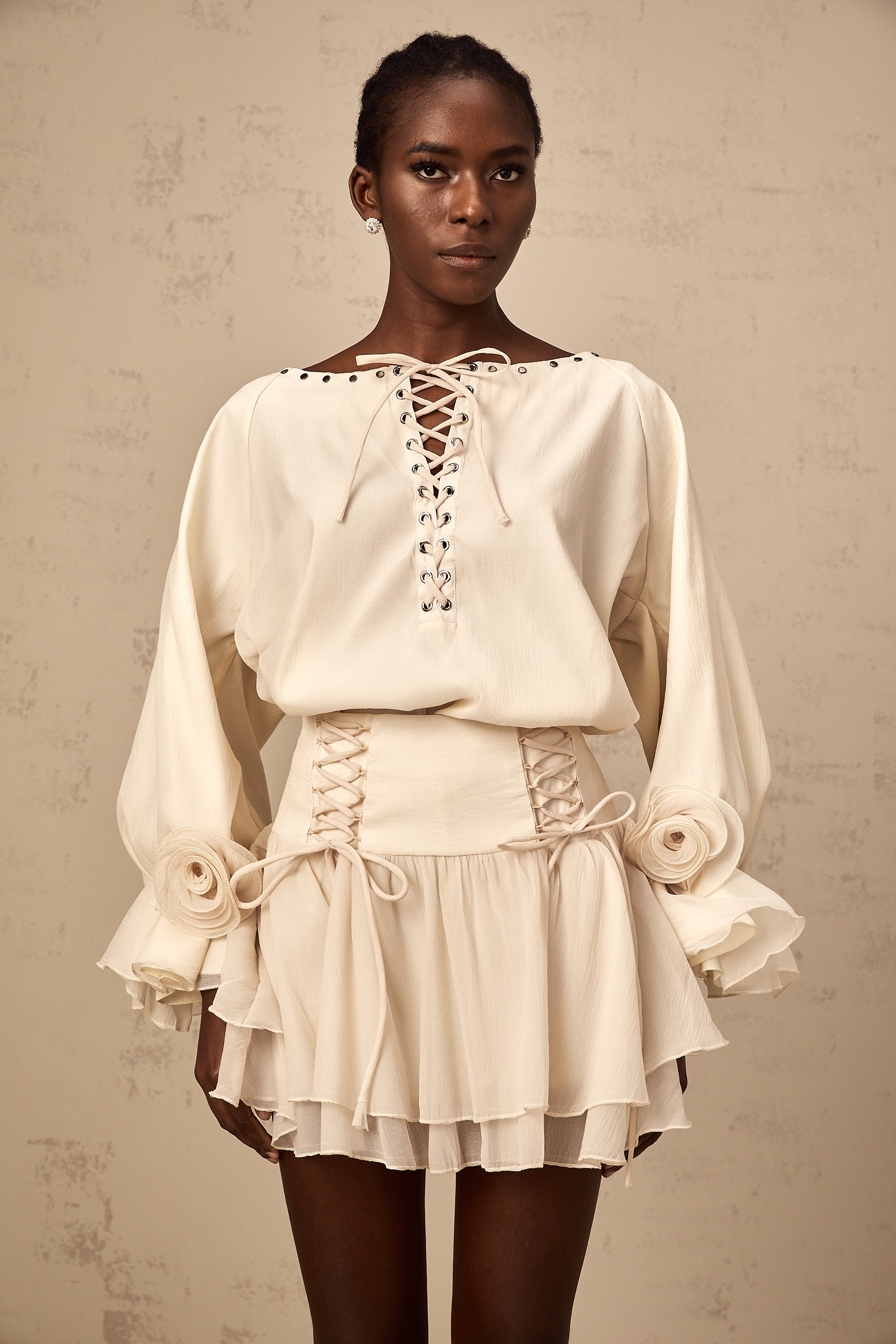 Perrine self-tie ruffled blouse & skirt matching set