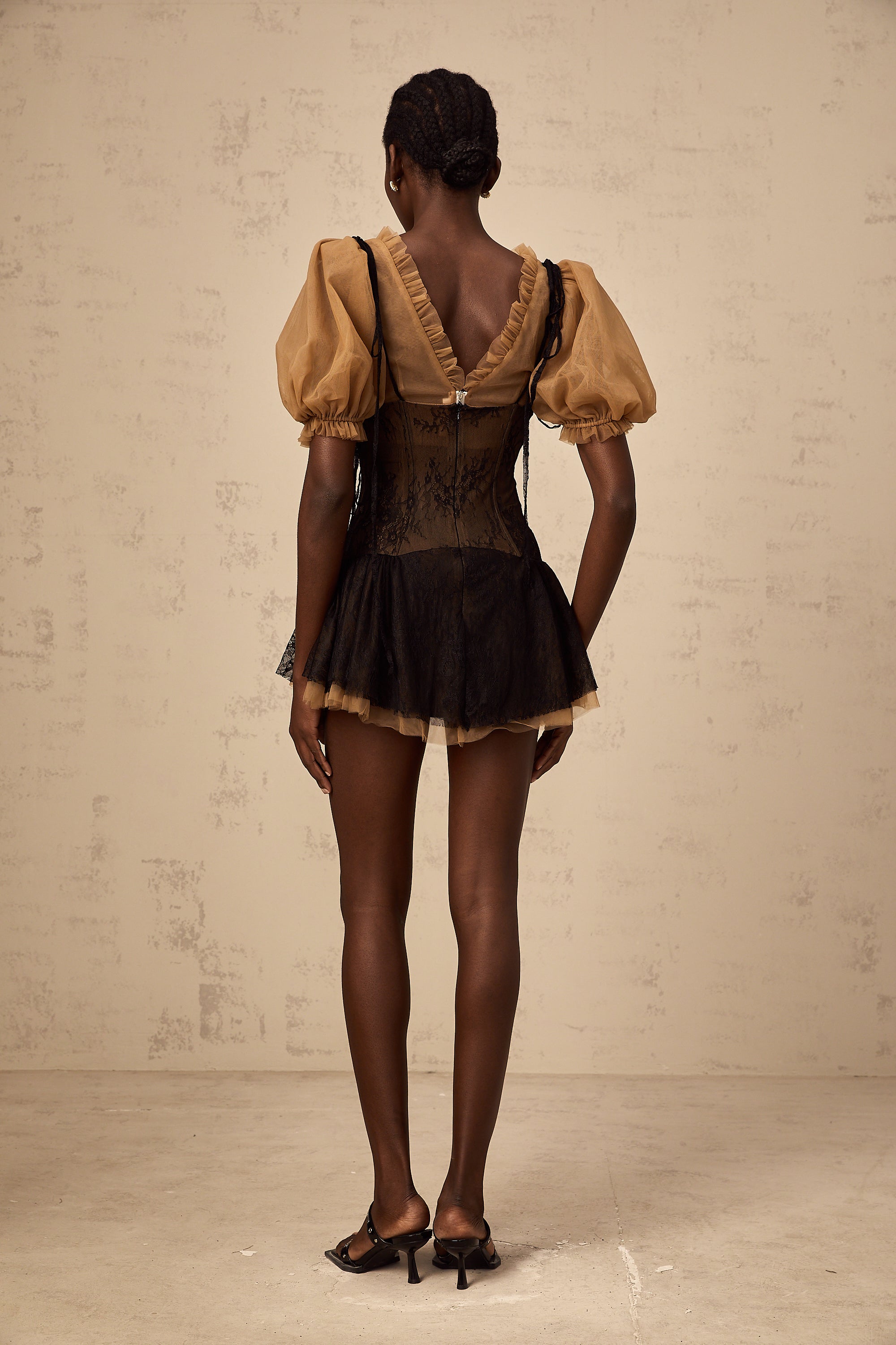 Fabienne black lace-panelling mini dress