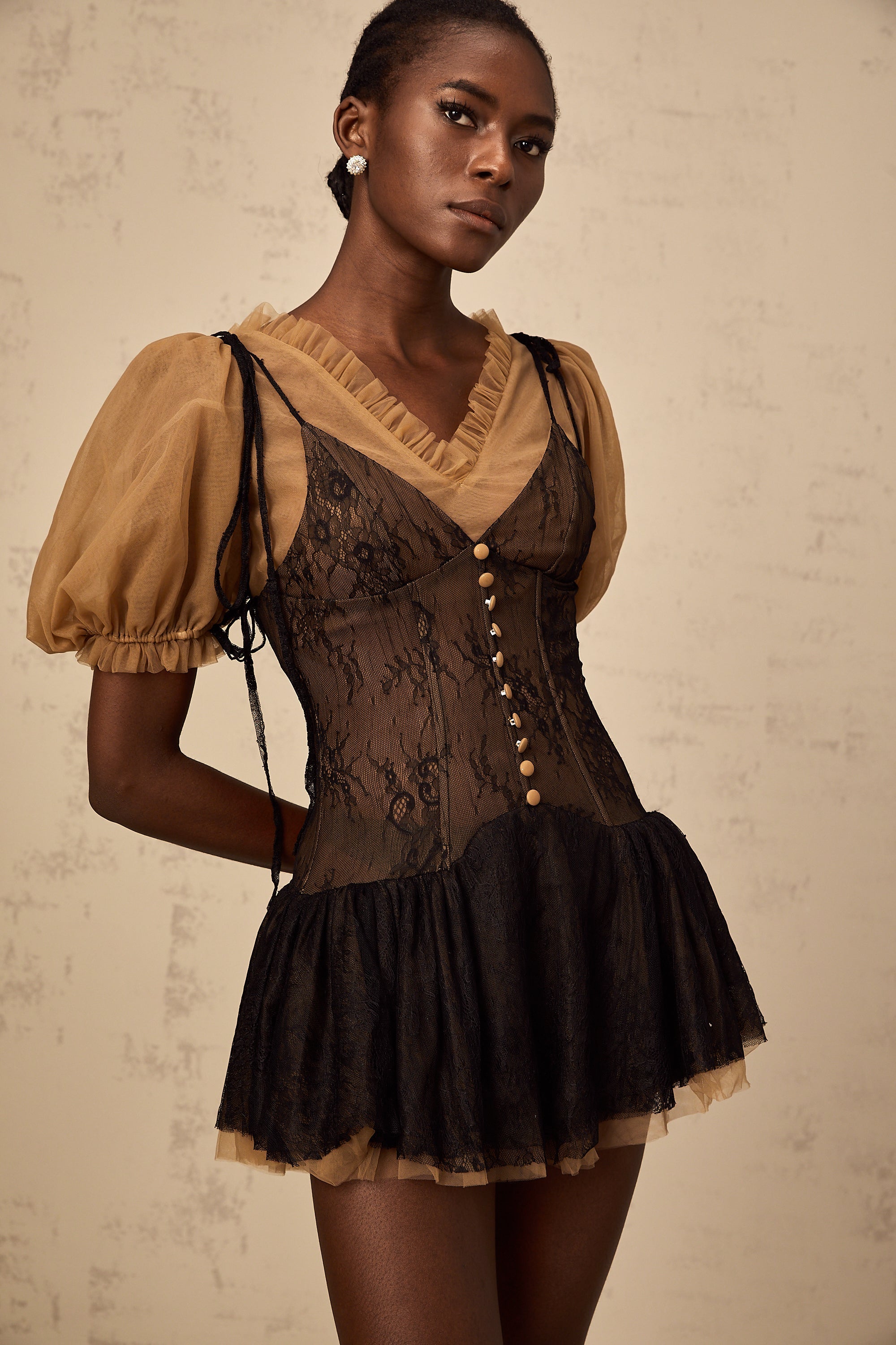 Fabienne black lace-panelling mini dress
