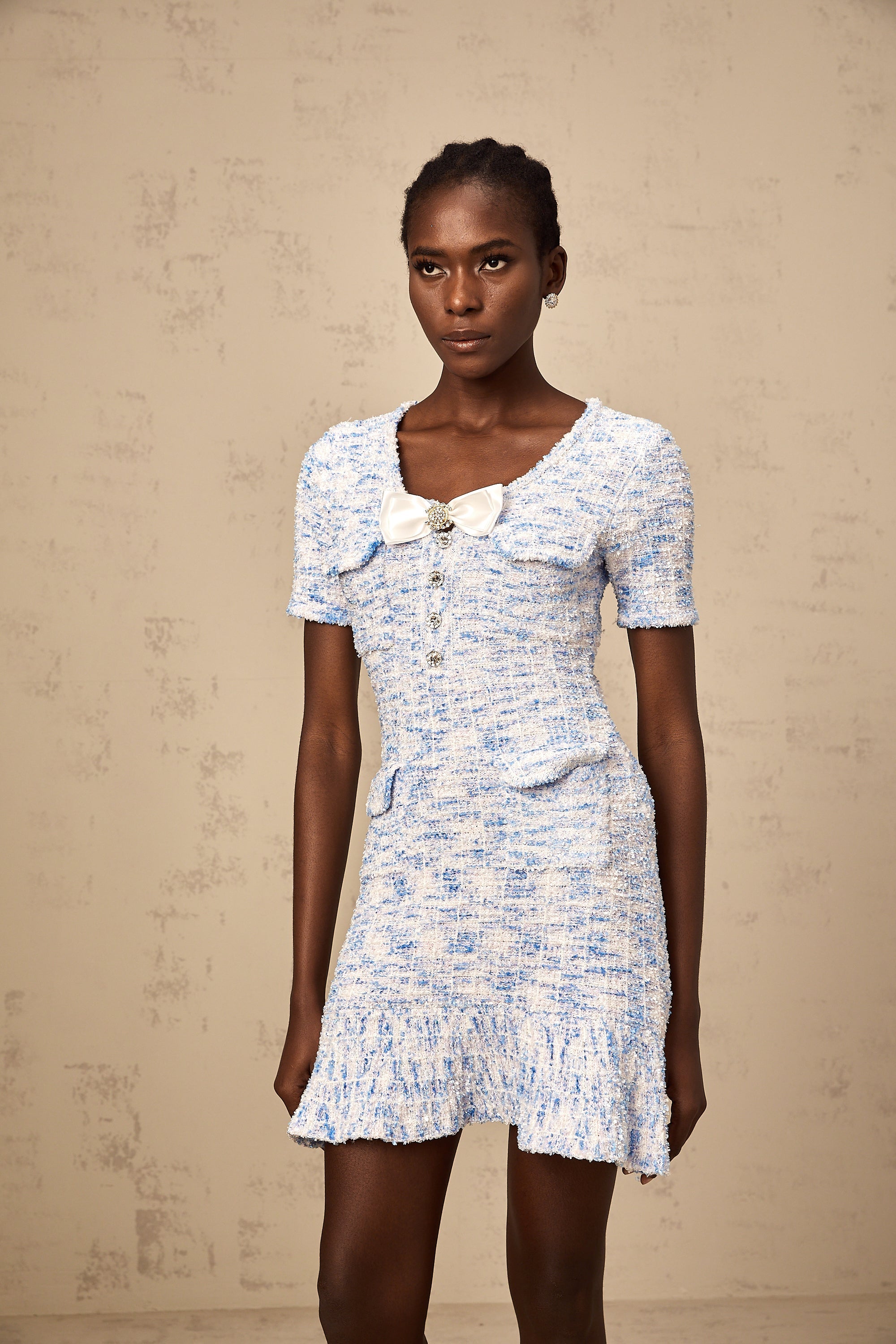 Éloïse blue checked knit mini dress