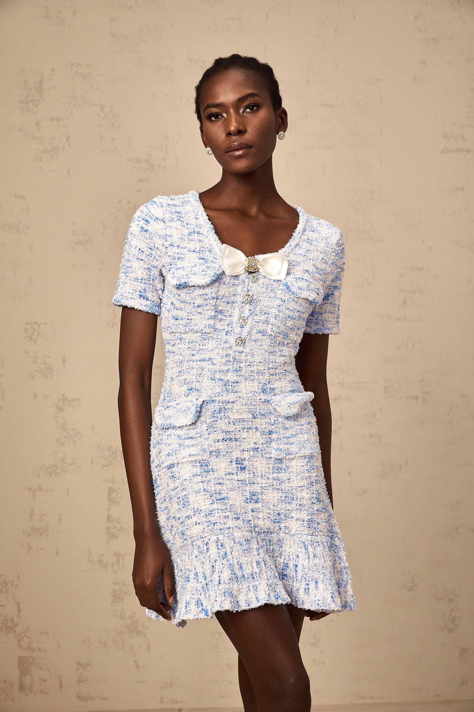 Éloïse blue checked knit mini dress