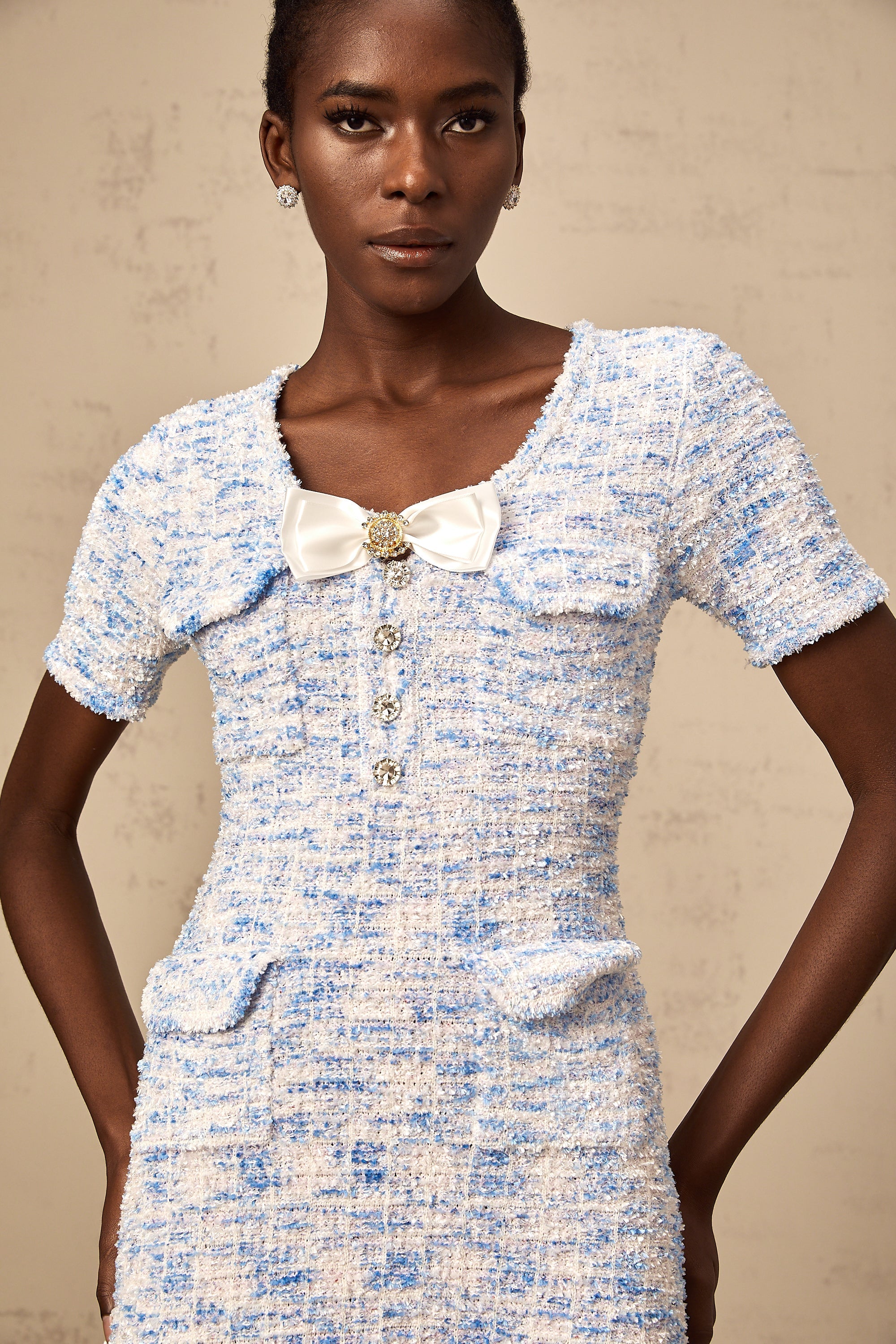 Éloïse blue checked knit mini dress