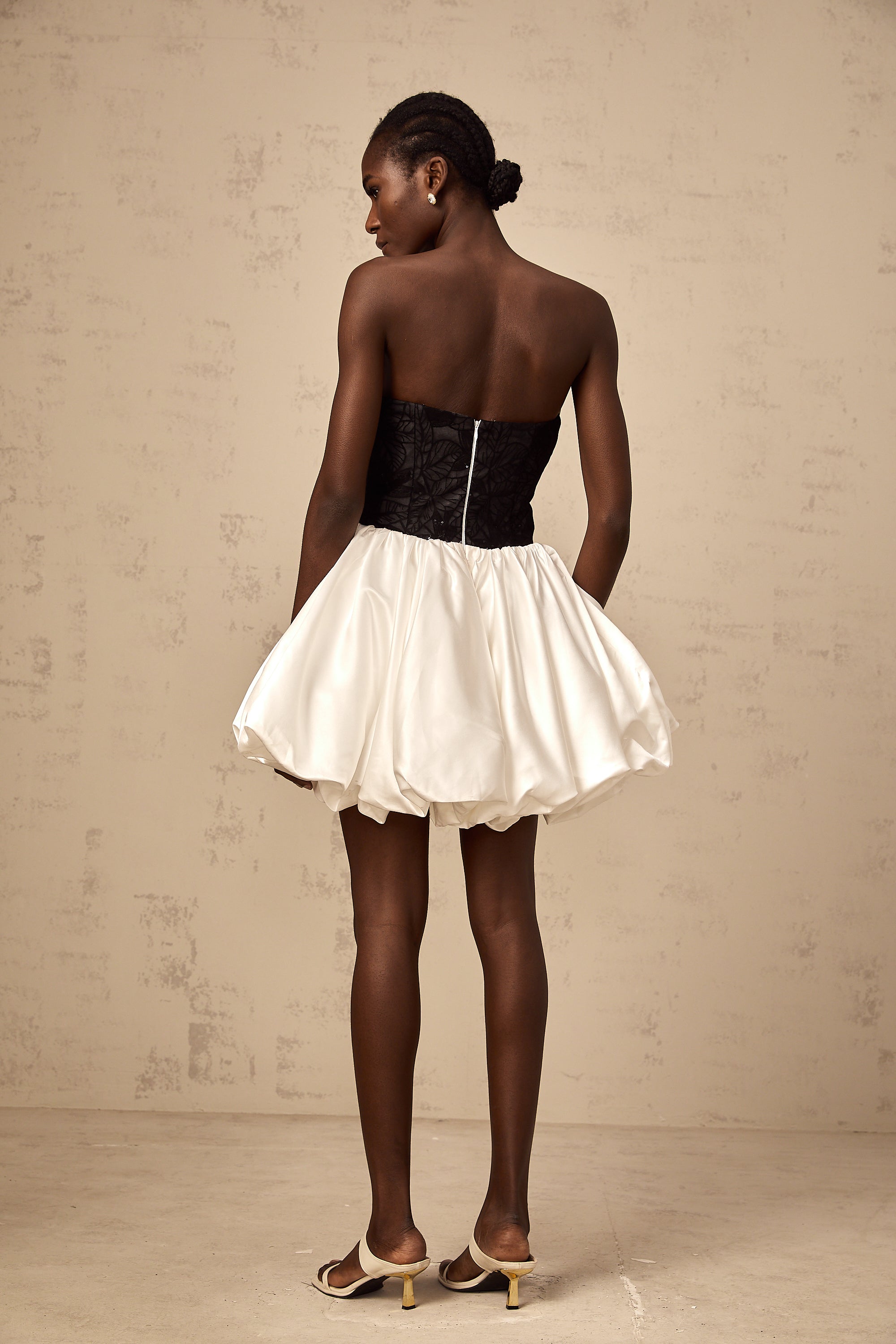 Éliane white lace-panelling puff satin mini dress