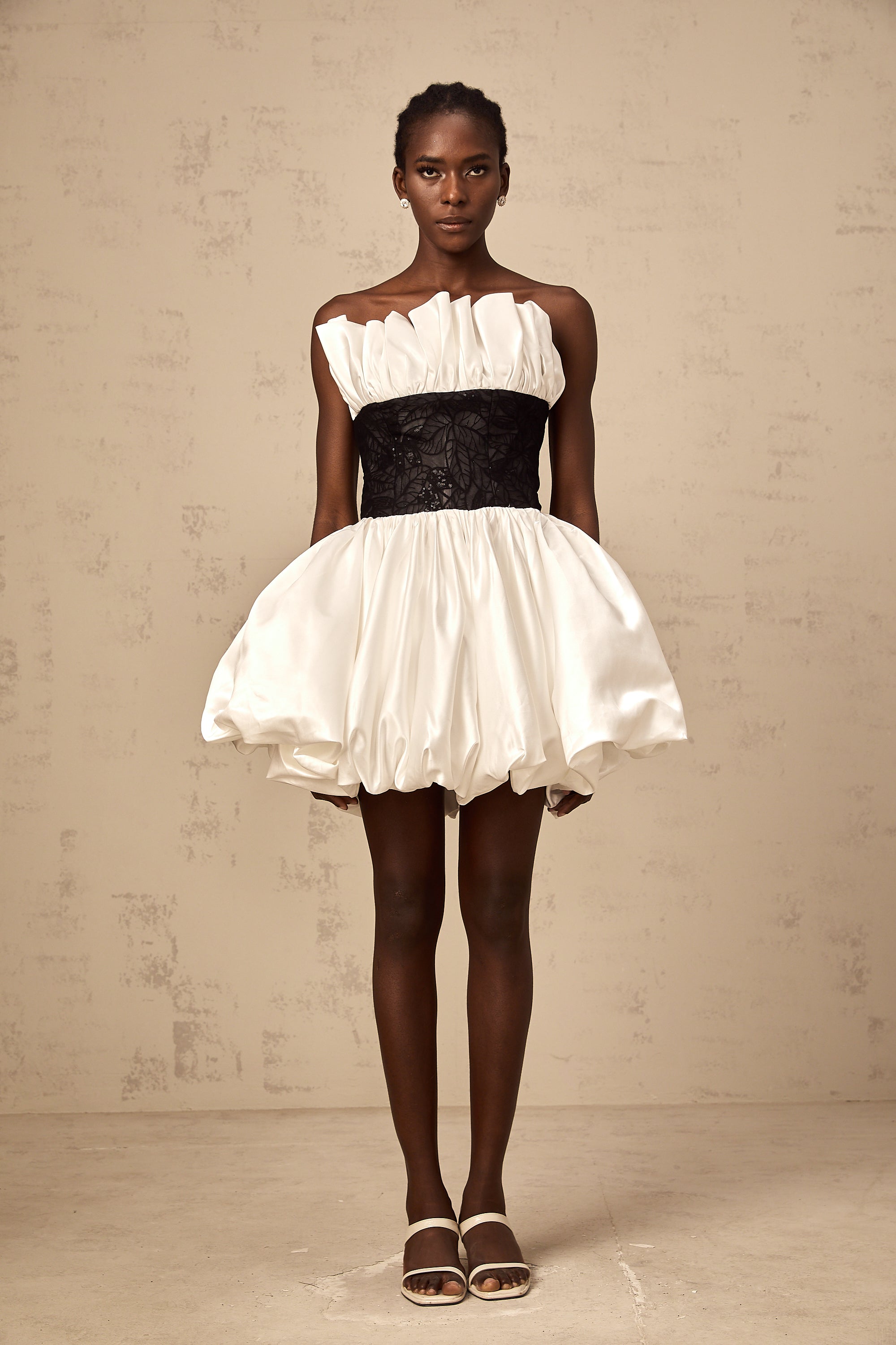 Éliane white lace-panelling puff satin mini dress