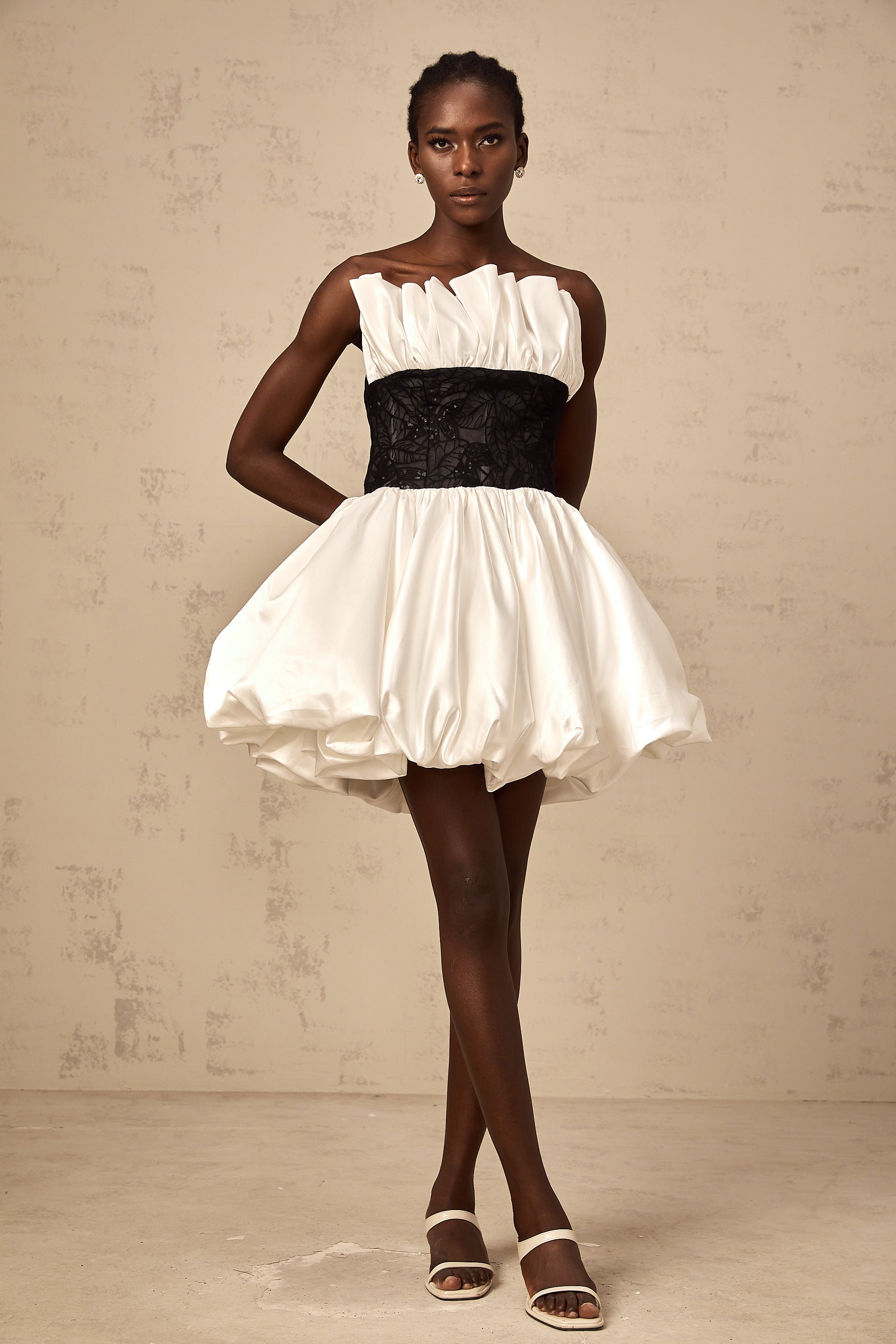 Éliane white lace-panelling puff satin mini dress